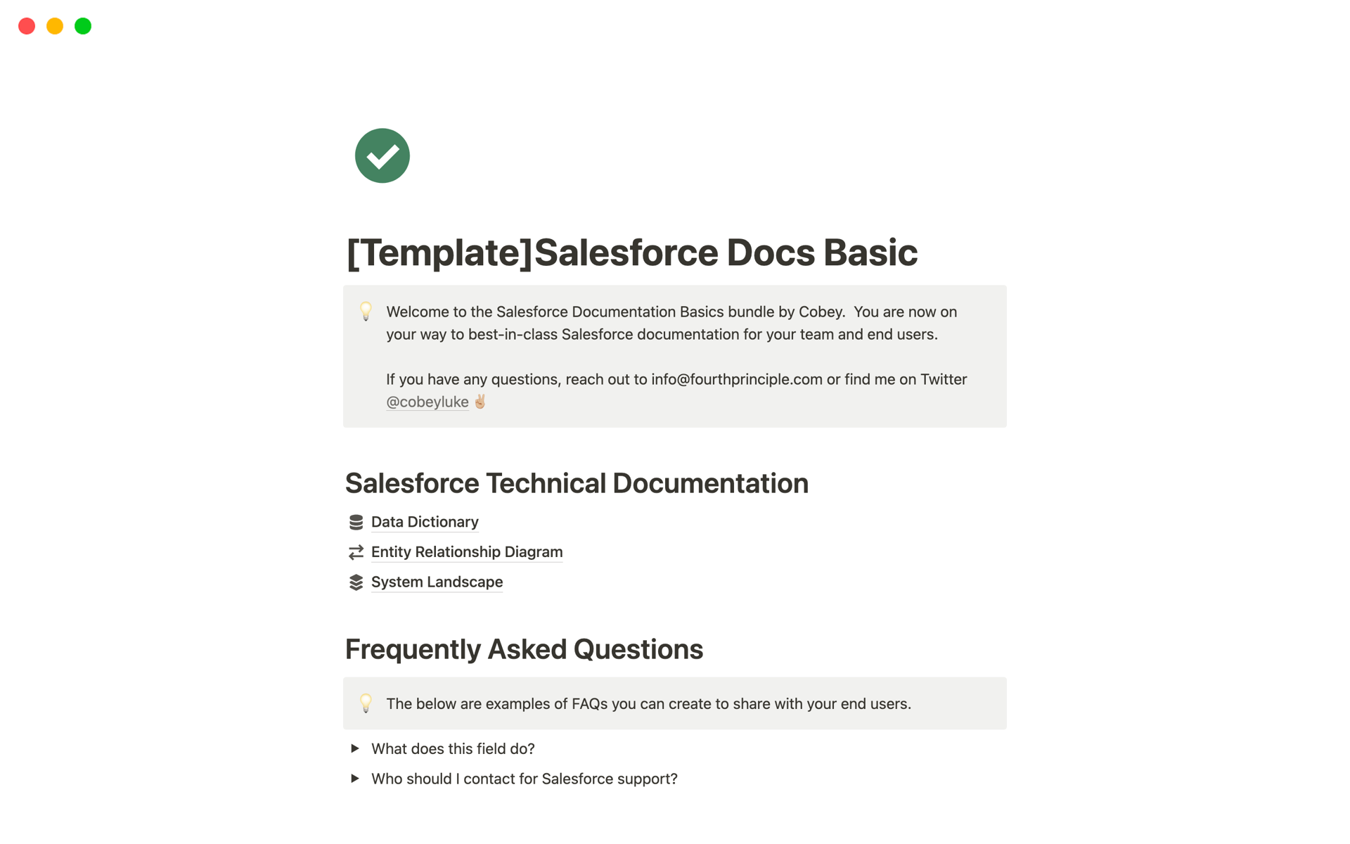 A template preview for Basic Salesforce Technical Documentation System