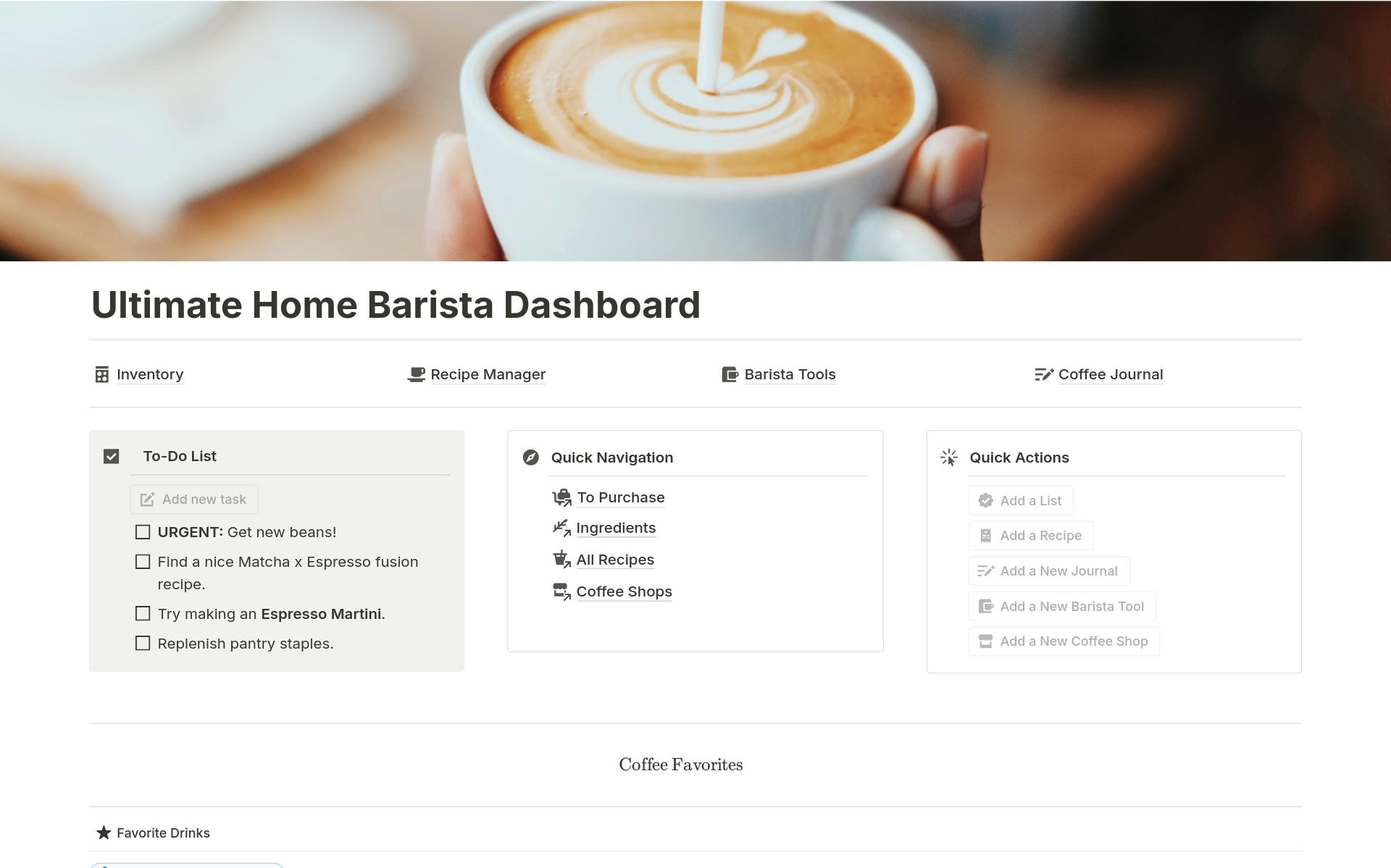 A template preview for Ultimate Home Barista Dashboard