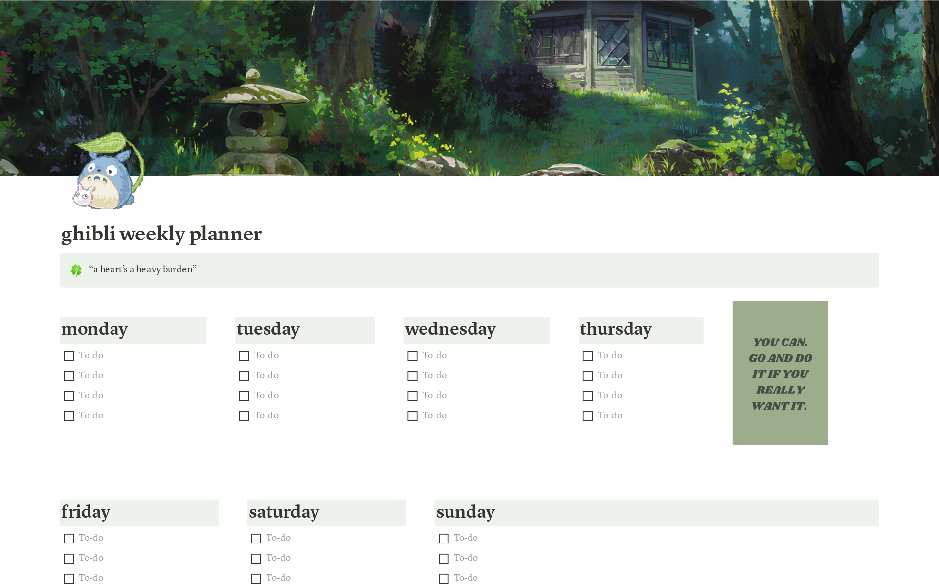 A template preview for GHIBLI WEEKLY PLANNER