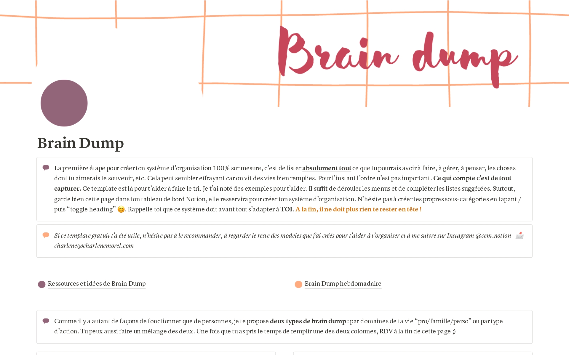 A template preview for Brain Dump 