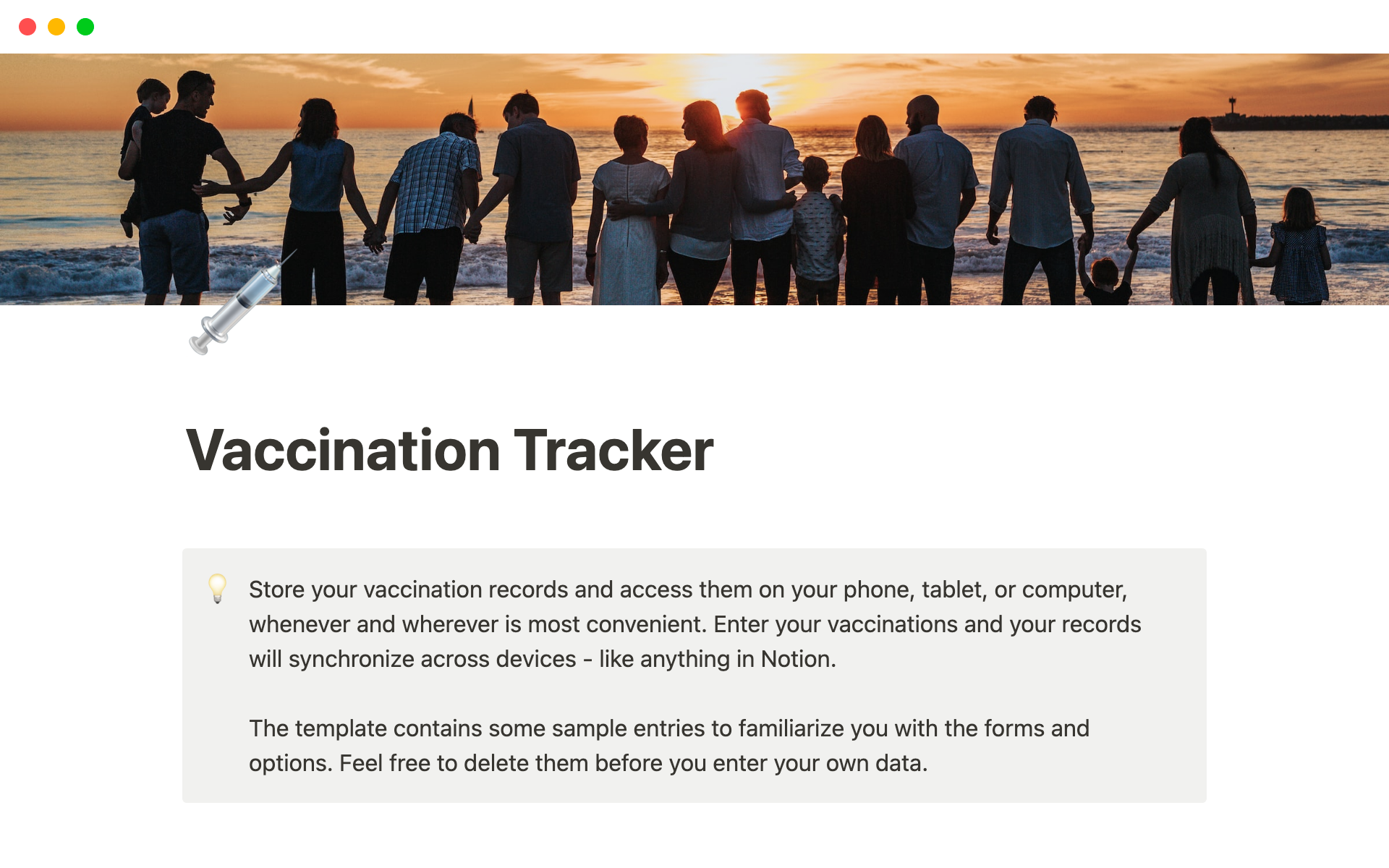 A template preview for Vaccination Tracker