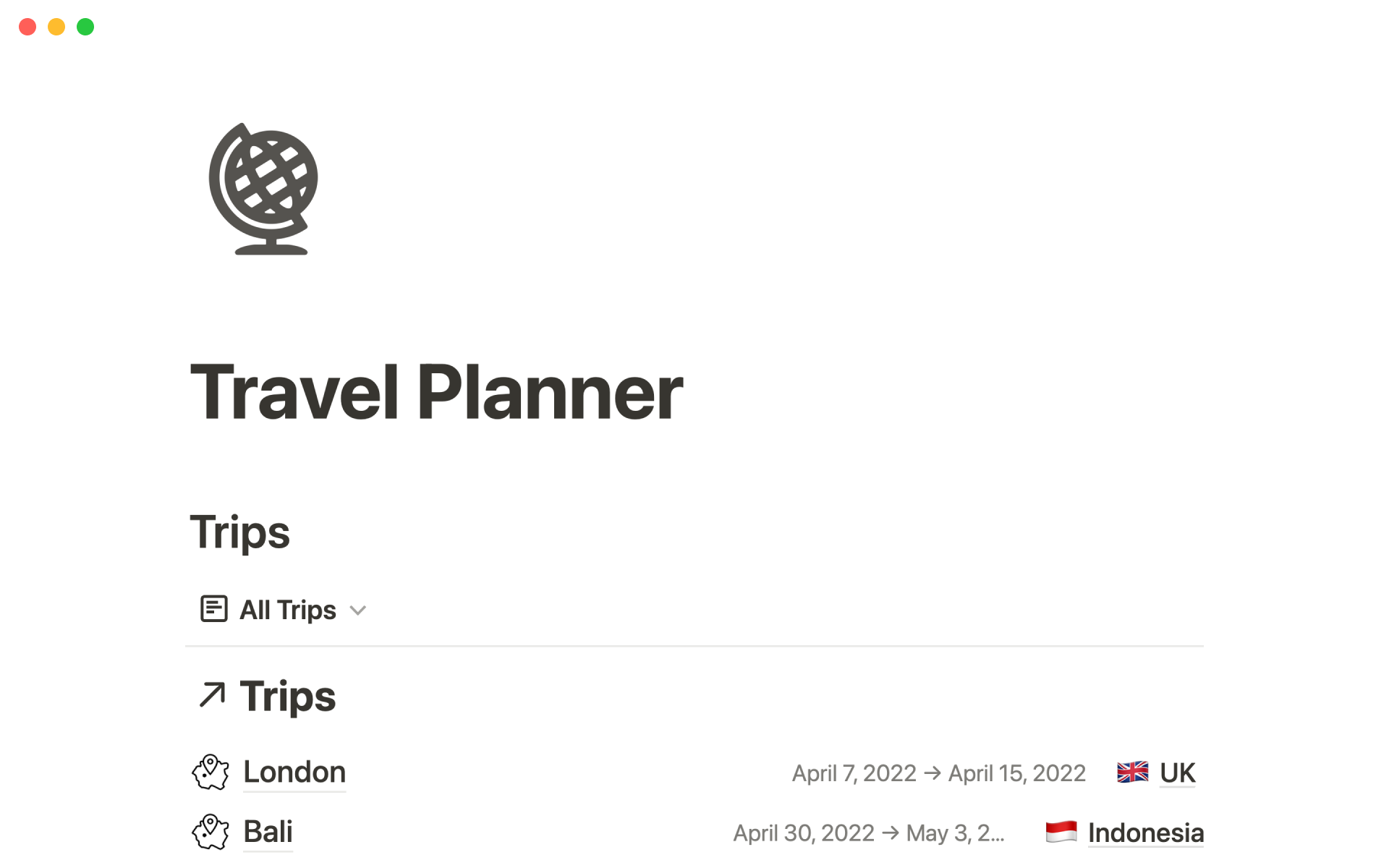 Aperçu du modèle de Travel planner