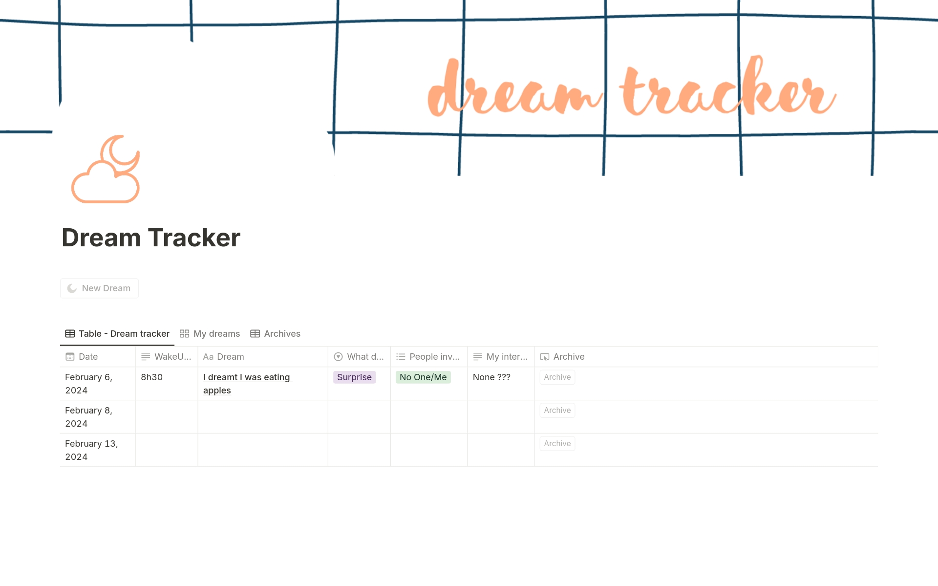 A template preview for Dream Tracker