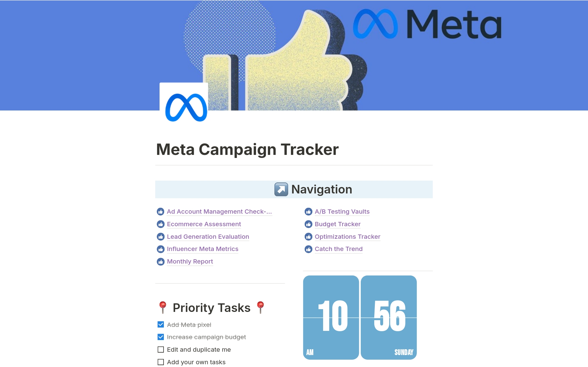 Uma prévia do modelo para Meta ( Facebook) Campaign Tracker