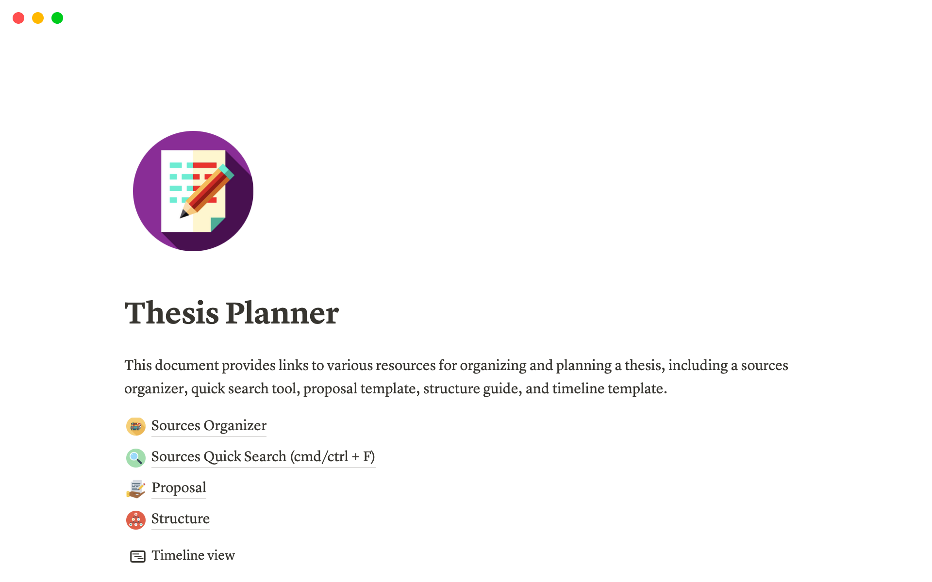 A template preview for Thesis Planner