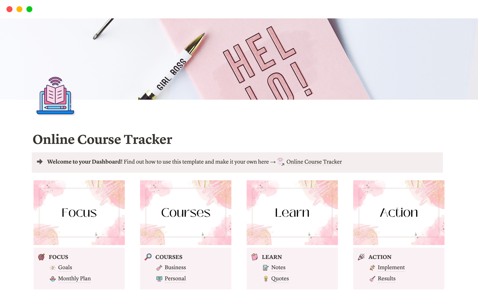 A template preview for Online Course Tracker