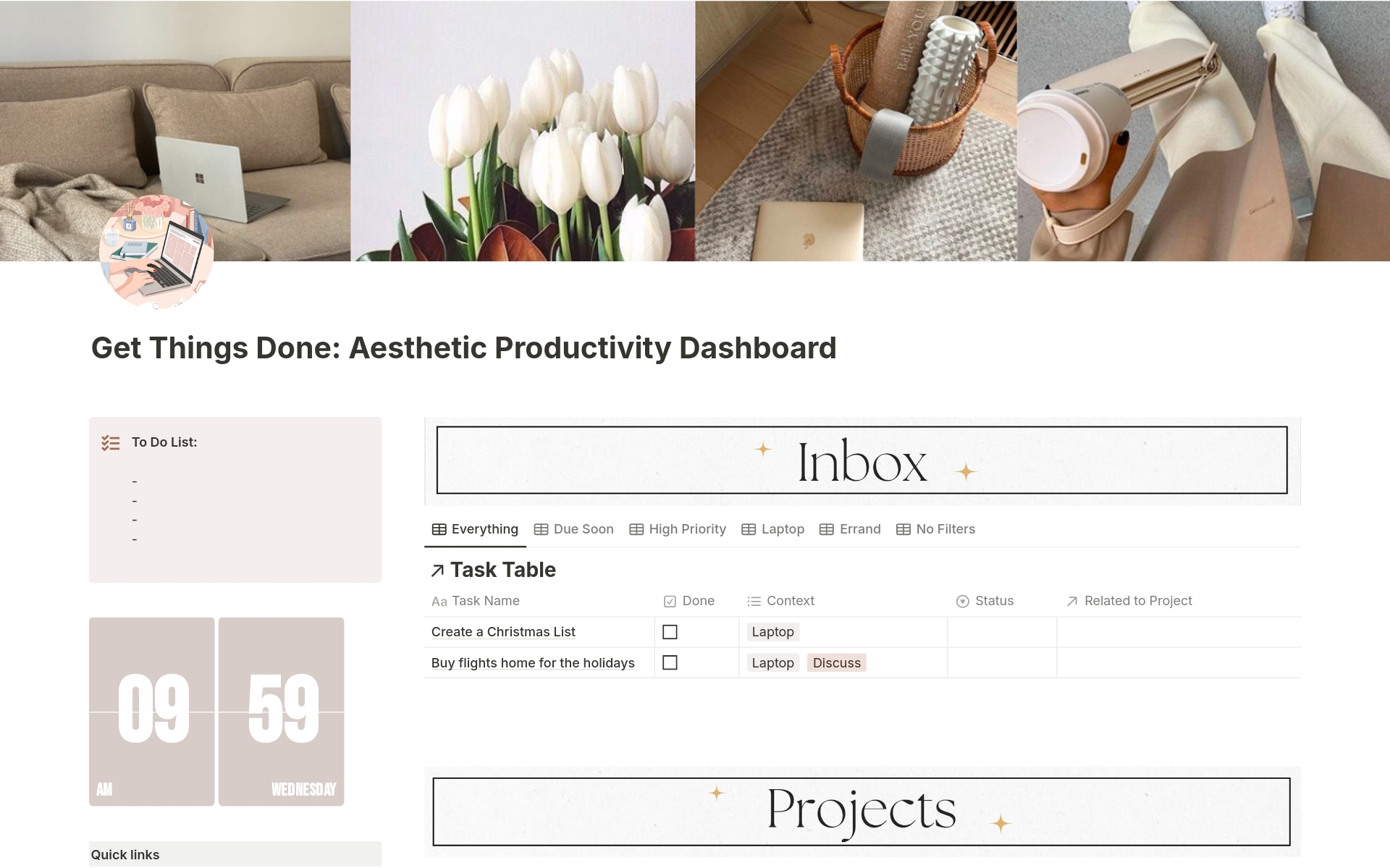 A template preview for Get Things Done: Aesthetic Productivity Dashboard