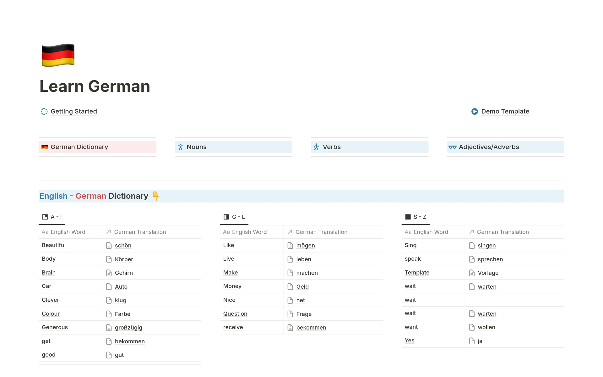 A German Language learning assistant to help you track your learning progress. The template promotes your learning and practice by enabling you to; 
Create a comprehensive dictionary of all words you learn, 
Conjugate verbs
Document plurals.
Explore words by parts of speech.