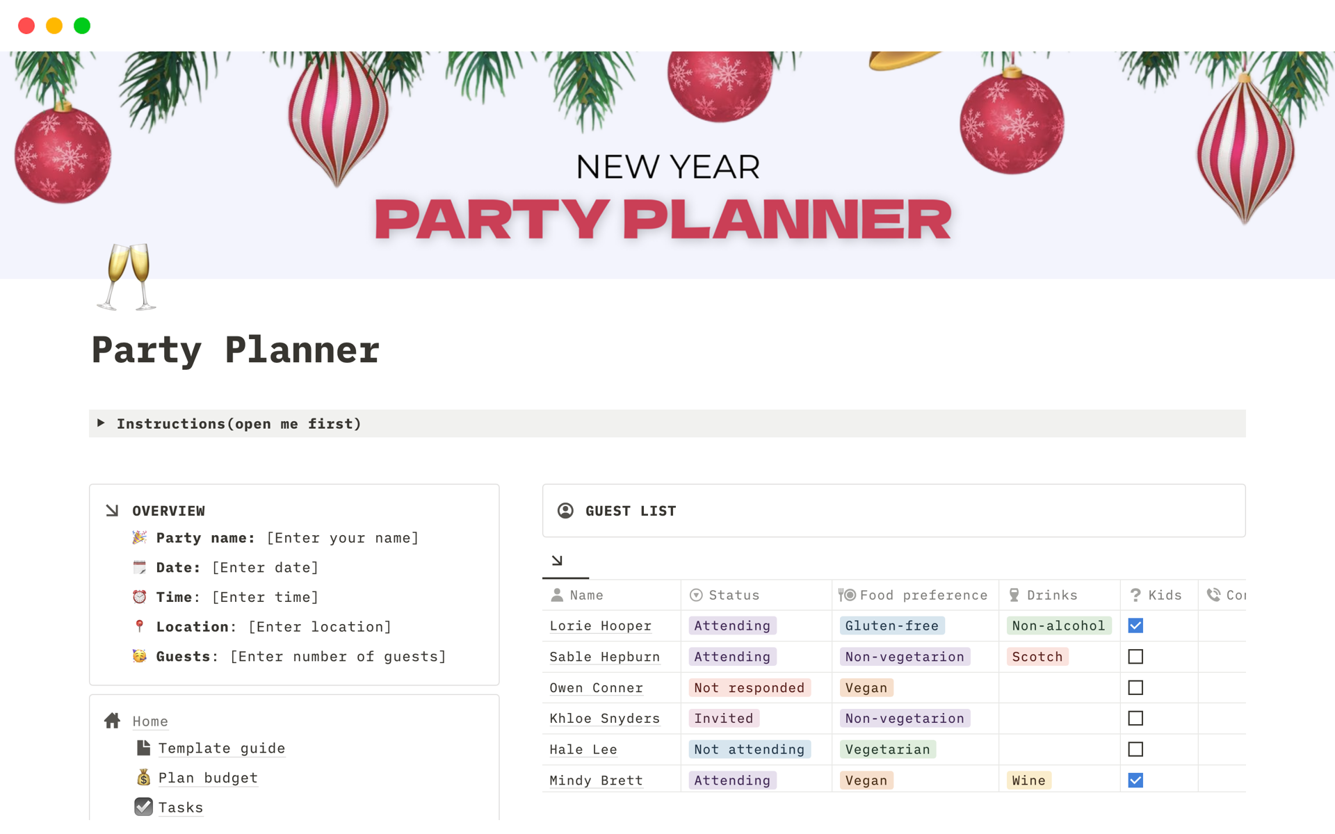 A template preview for Party Planner