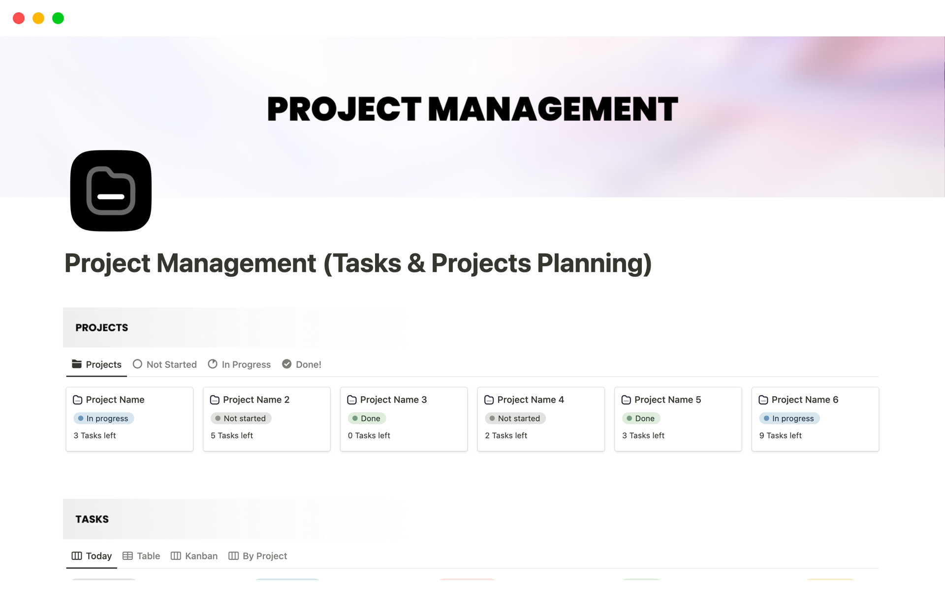 A template preview for Project Management (Tasks & Projects Planning)