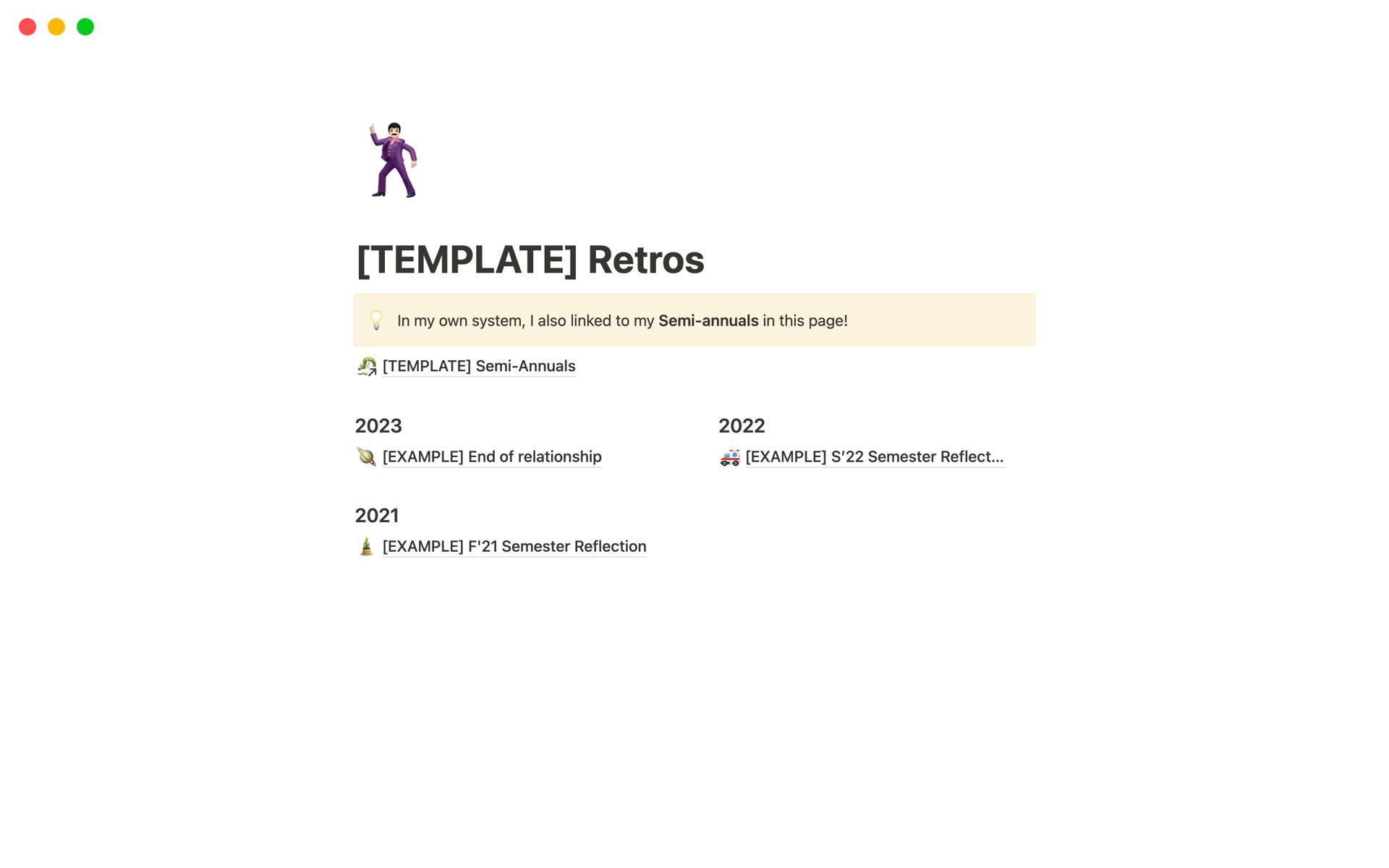 A template preview for Retrospectives