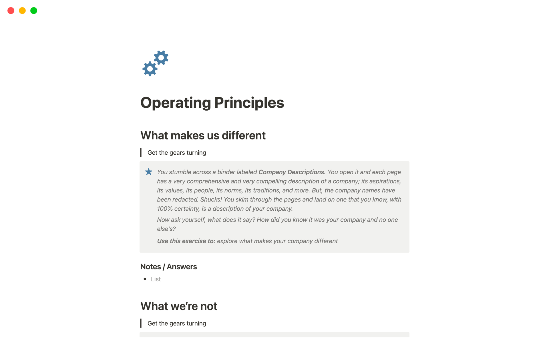 A template preview for Operating Principles