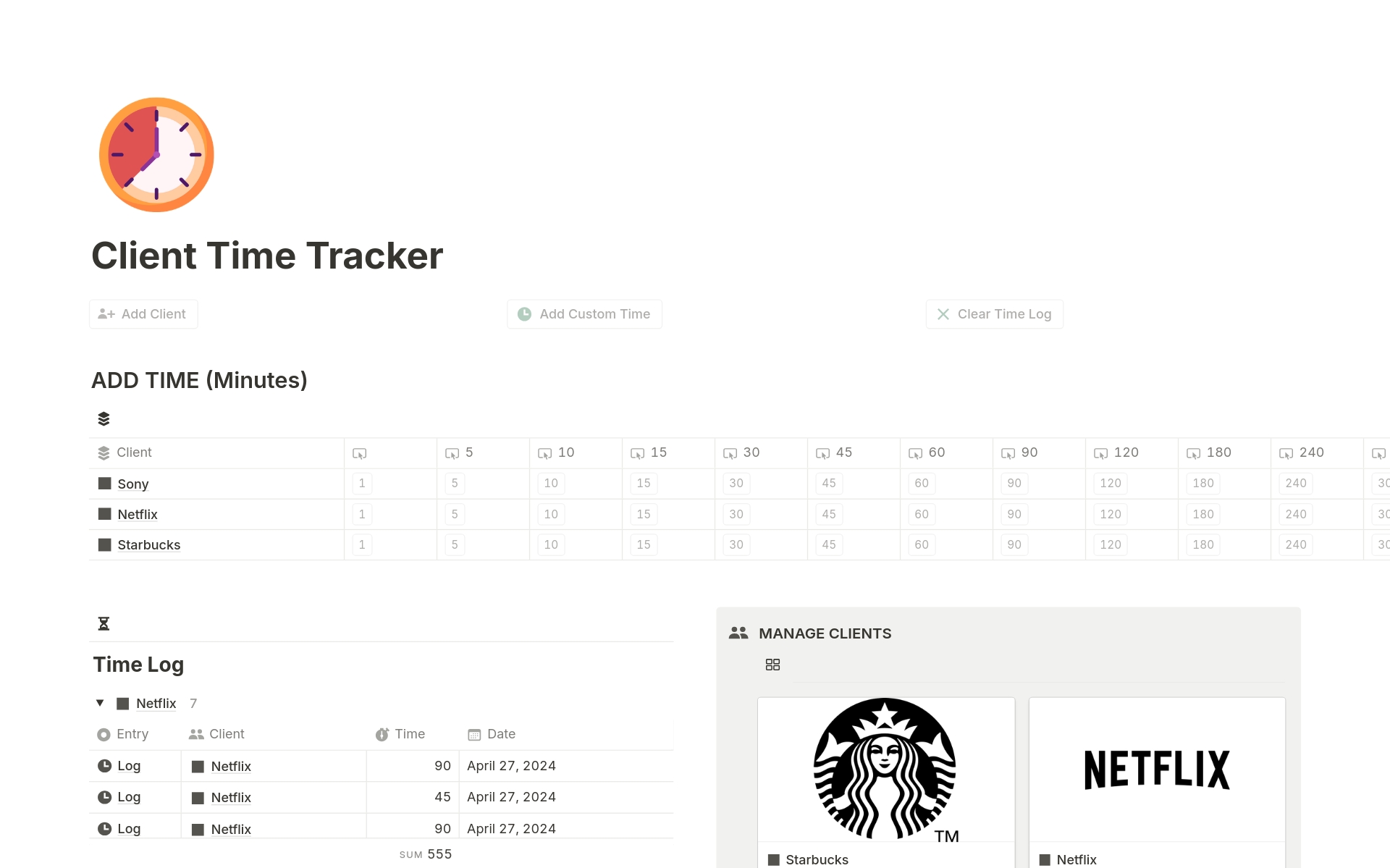 Vista previa de una plantilla para Client Time Tracker