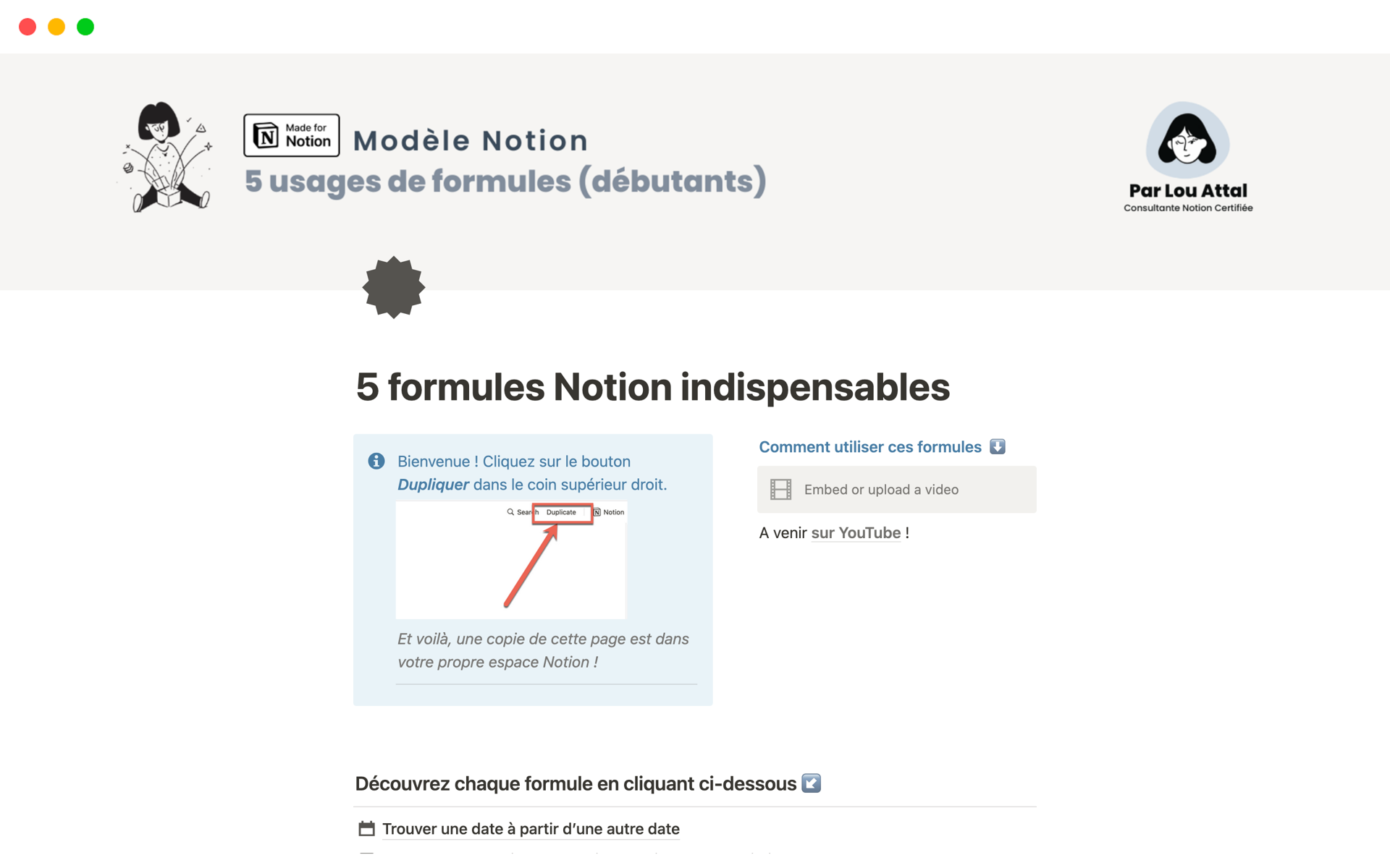 A template preview for 5 formules Notion indispensables
