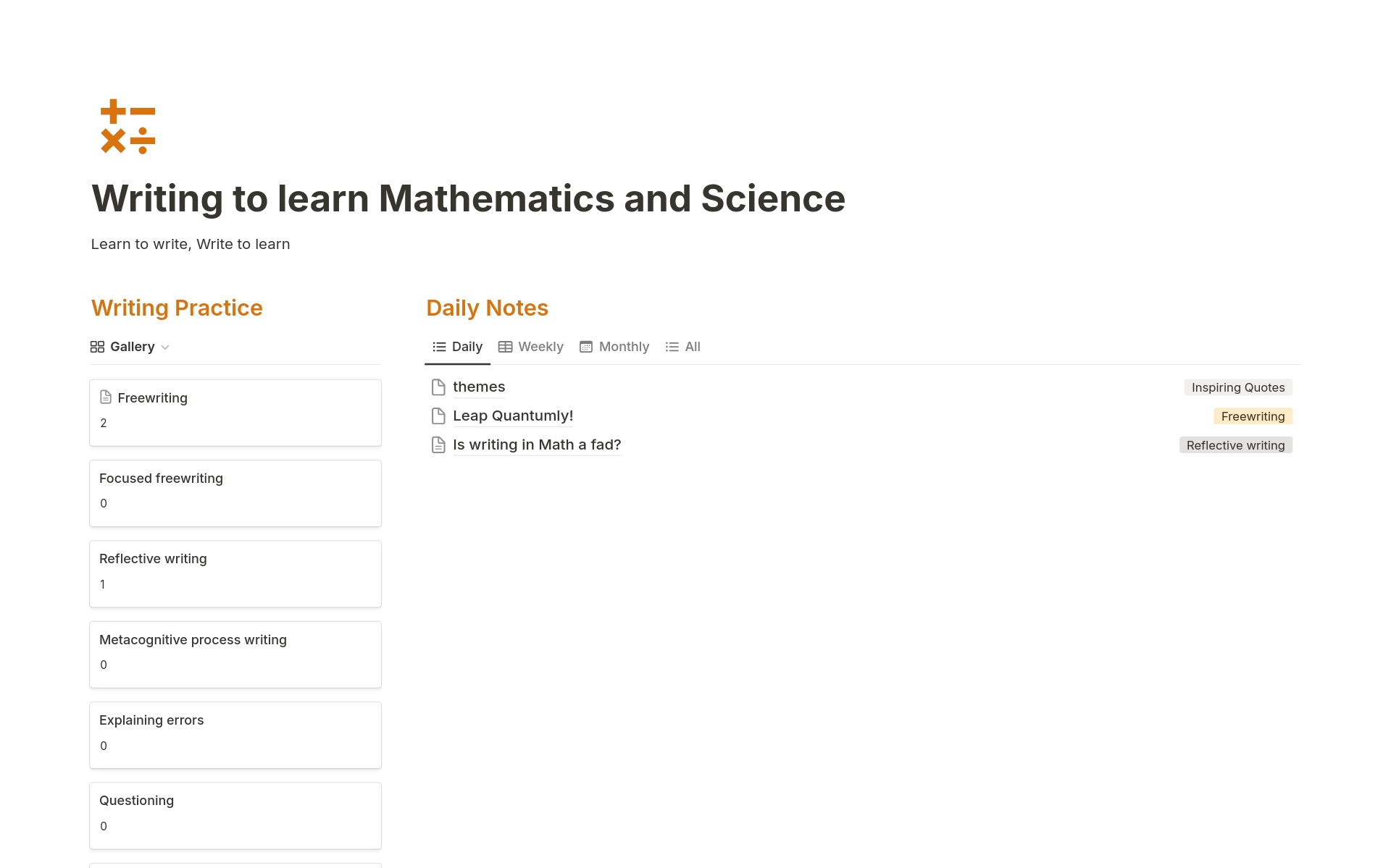 En forhåndsvisning av mal for Writing to Learn Maths & Science | Notion Book
