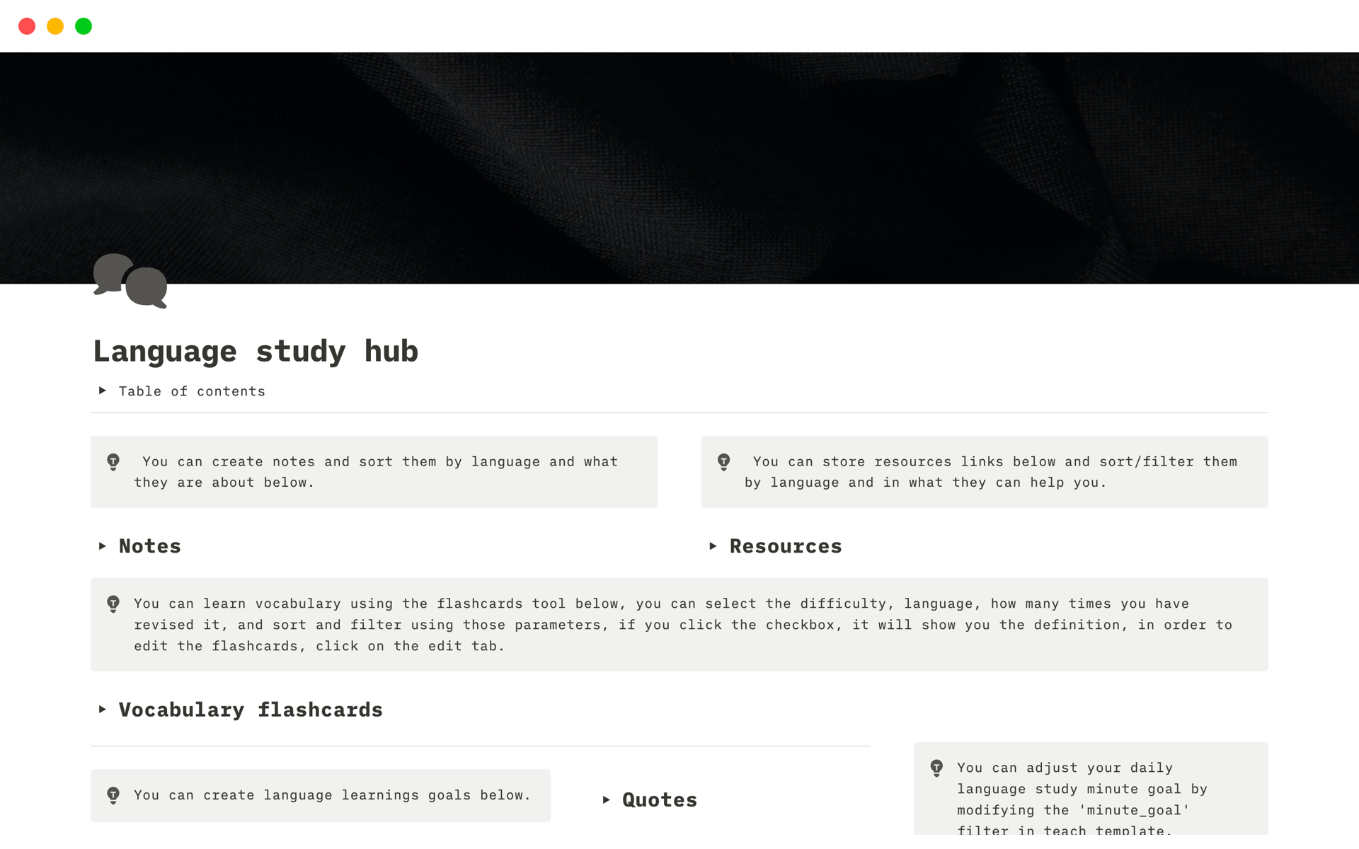 A template preview for Language study hub