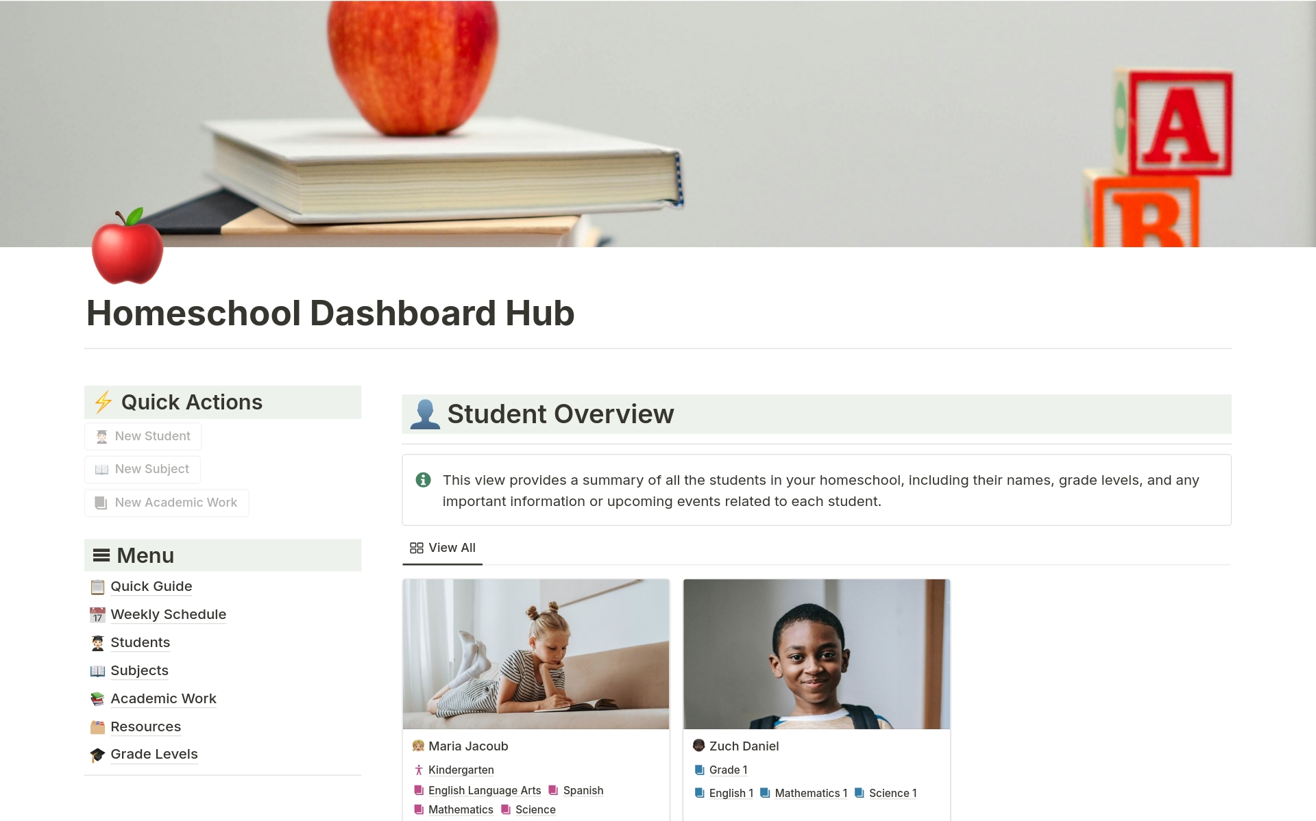 En forhåndsvisning av mal for Homeschool dashboard hub