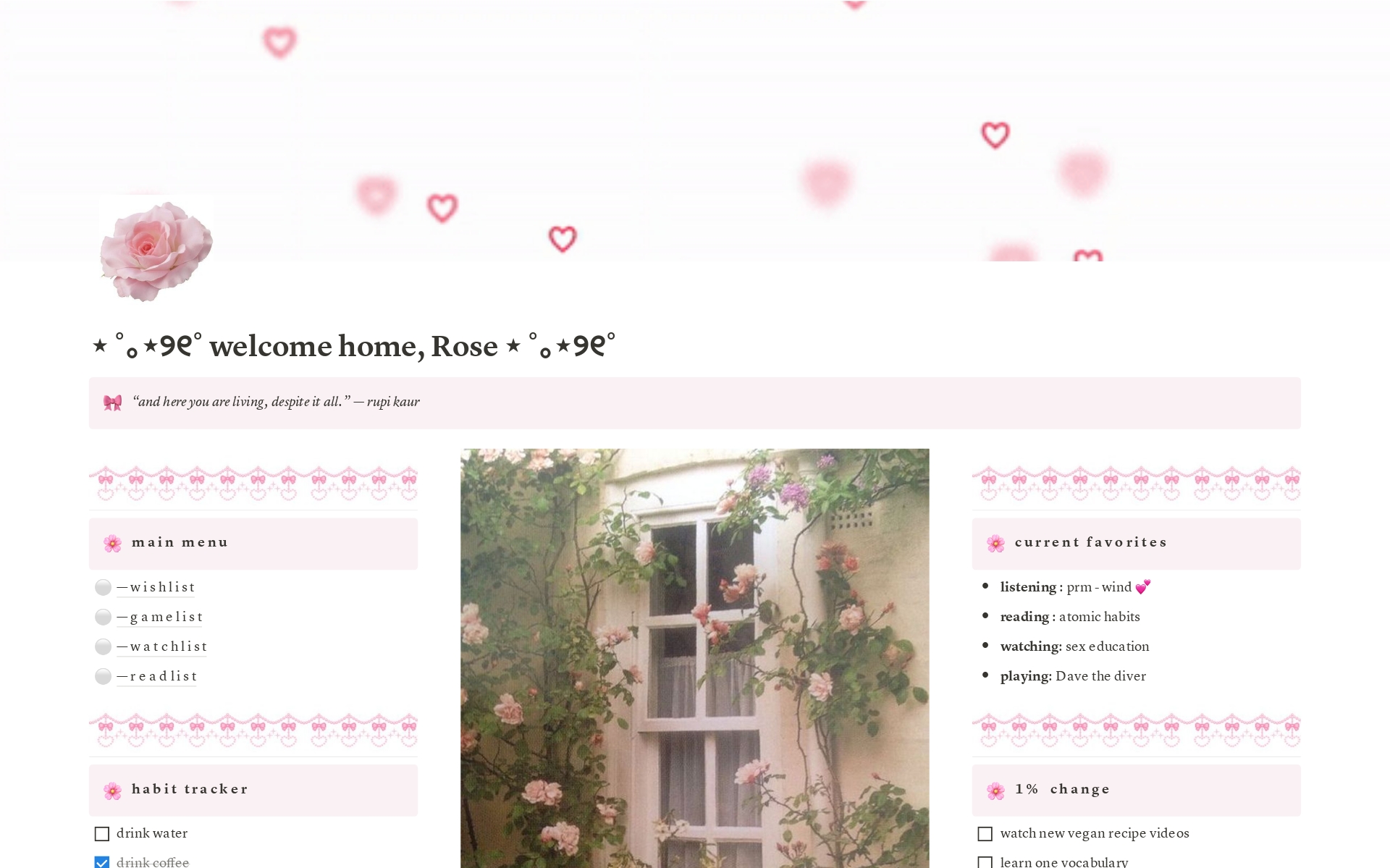 A template preview for Pink Coquette Personal Dashboard