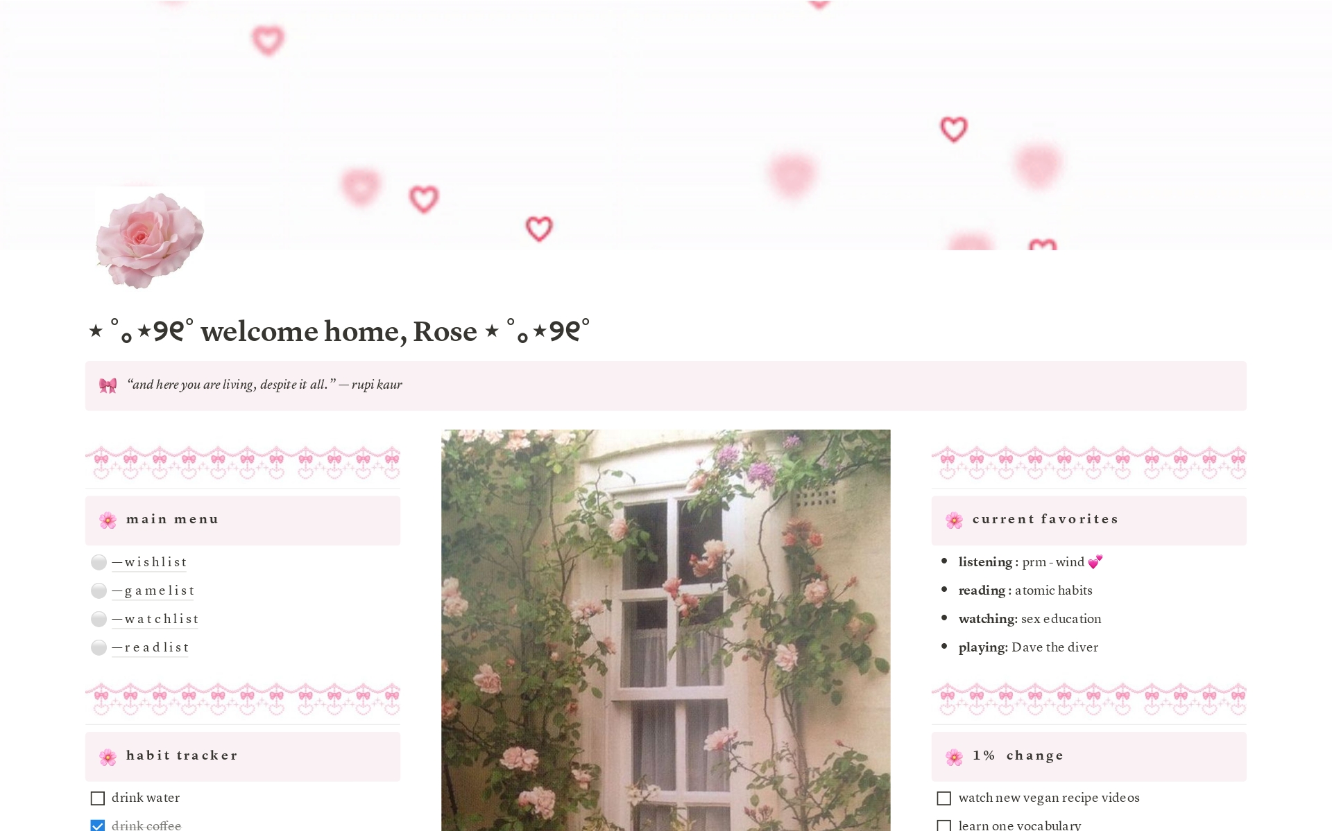 Organize your lifestyle with aesthetically pleasing Notion template, specially made for coquette-core lovers.