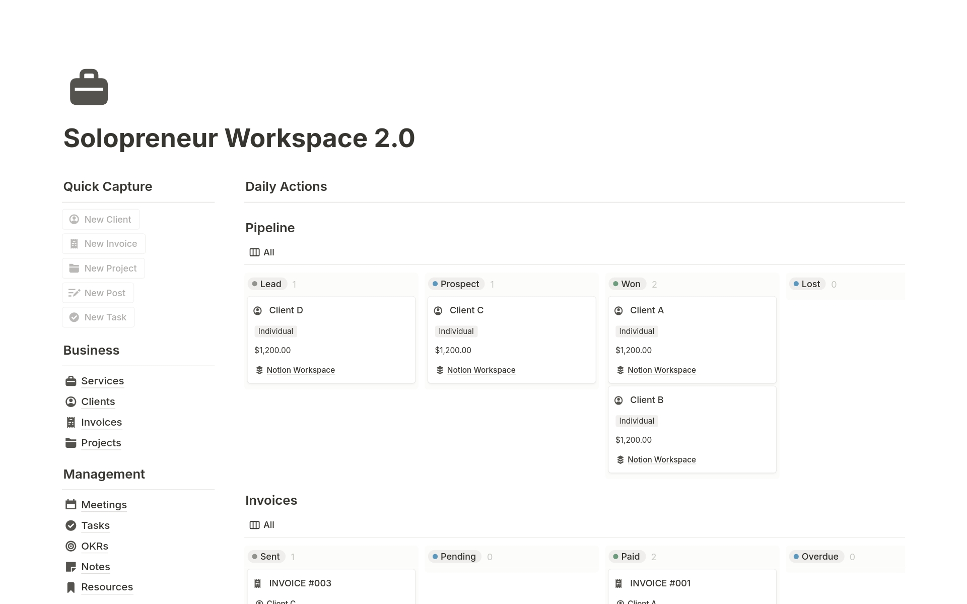 A template preview for Solopreneur Workspace