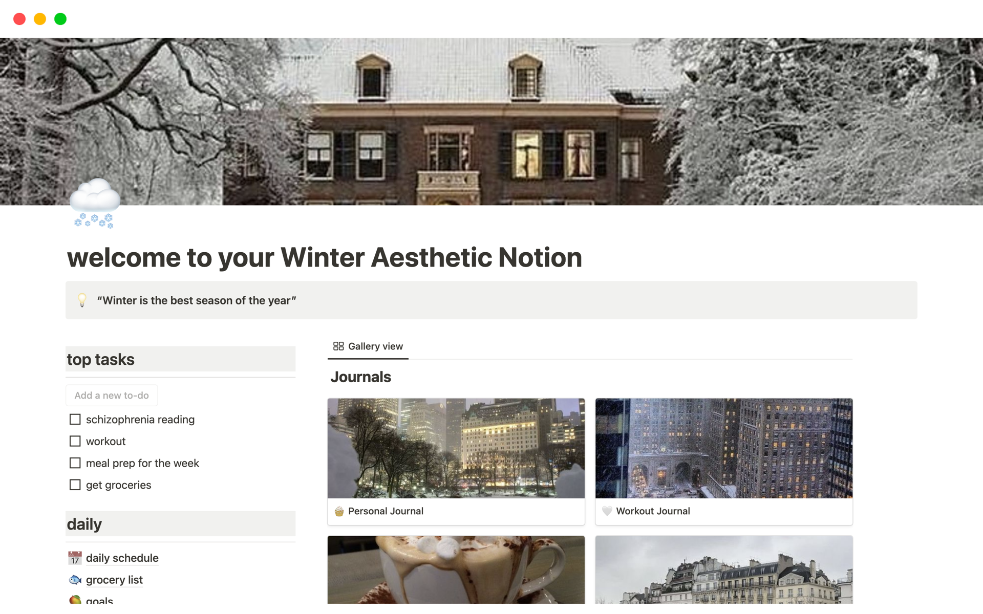 This Winter Aesthetic Notion Template is the perfect planner for anyone who wants to plan their life from the comfort of a cosy Winter Dashboard.