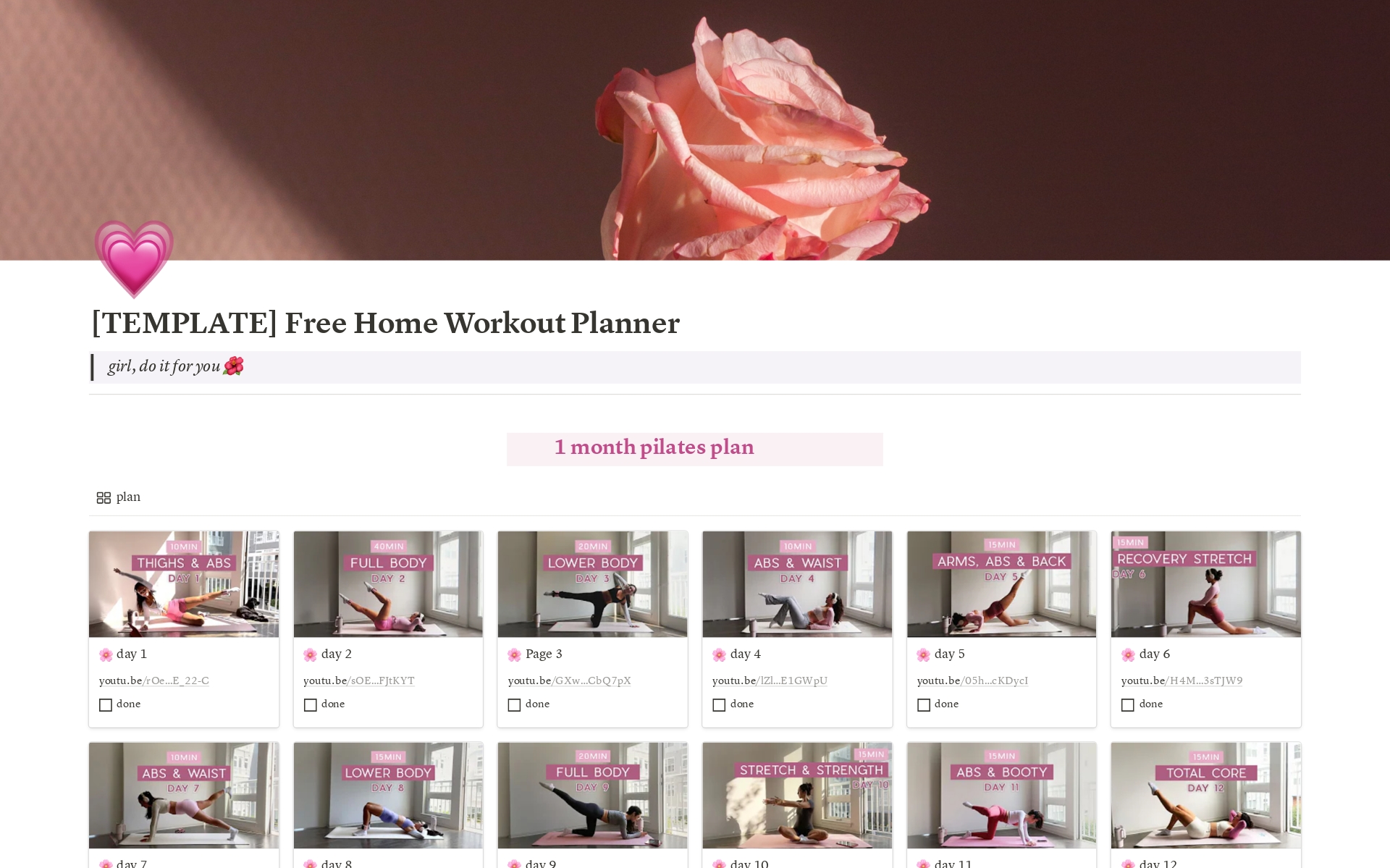 En förhandsgranskning av mallen för Home Workout Planner