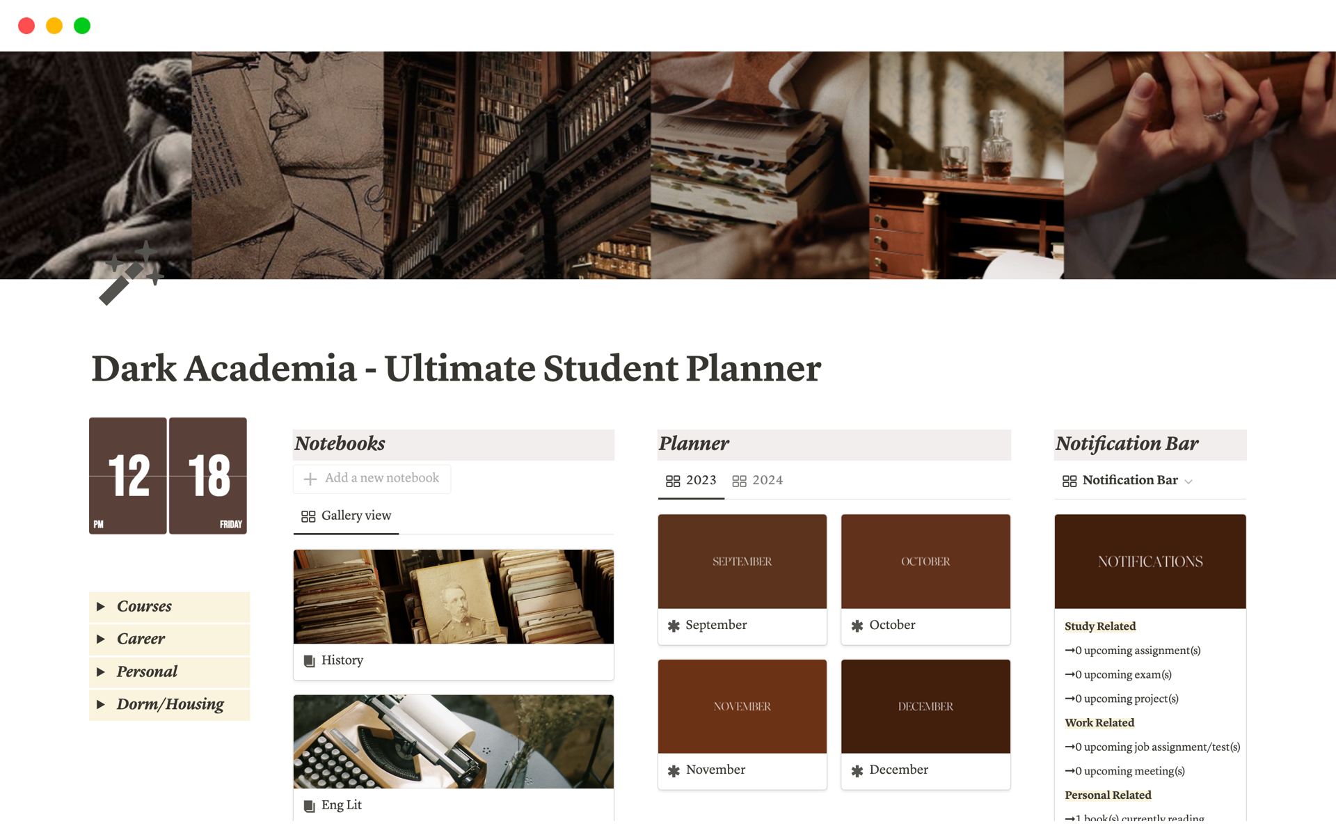 Vista previa de plantilla para "Ultimate Student Dashboard - Dark Academia