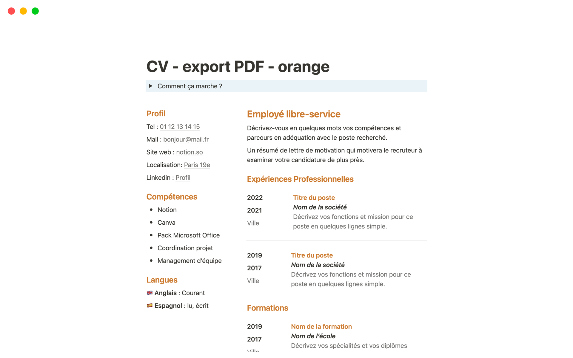 Eine Vorlagenvorschau für CV simple pour export PDF - orange