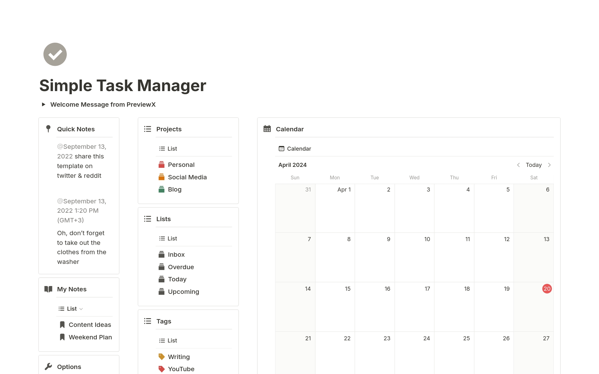 Eine Vorlagenvorschau für Simple Task Manager