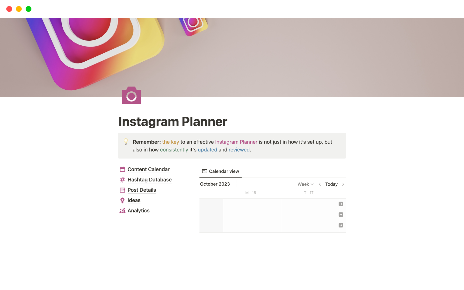 Eine Vorlagenvorschau für Instagram Planner