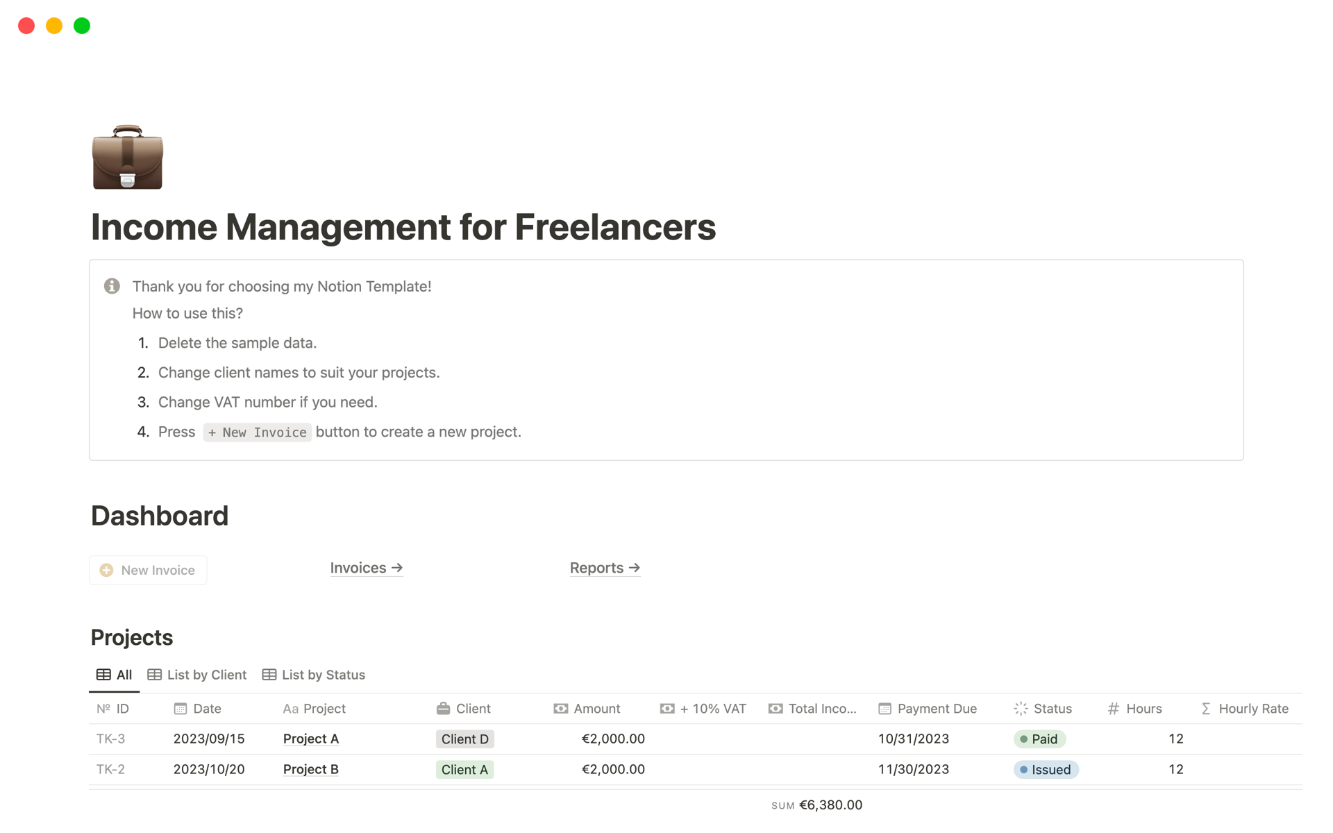 A template preview for Income Management for Freelancers