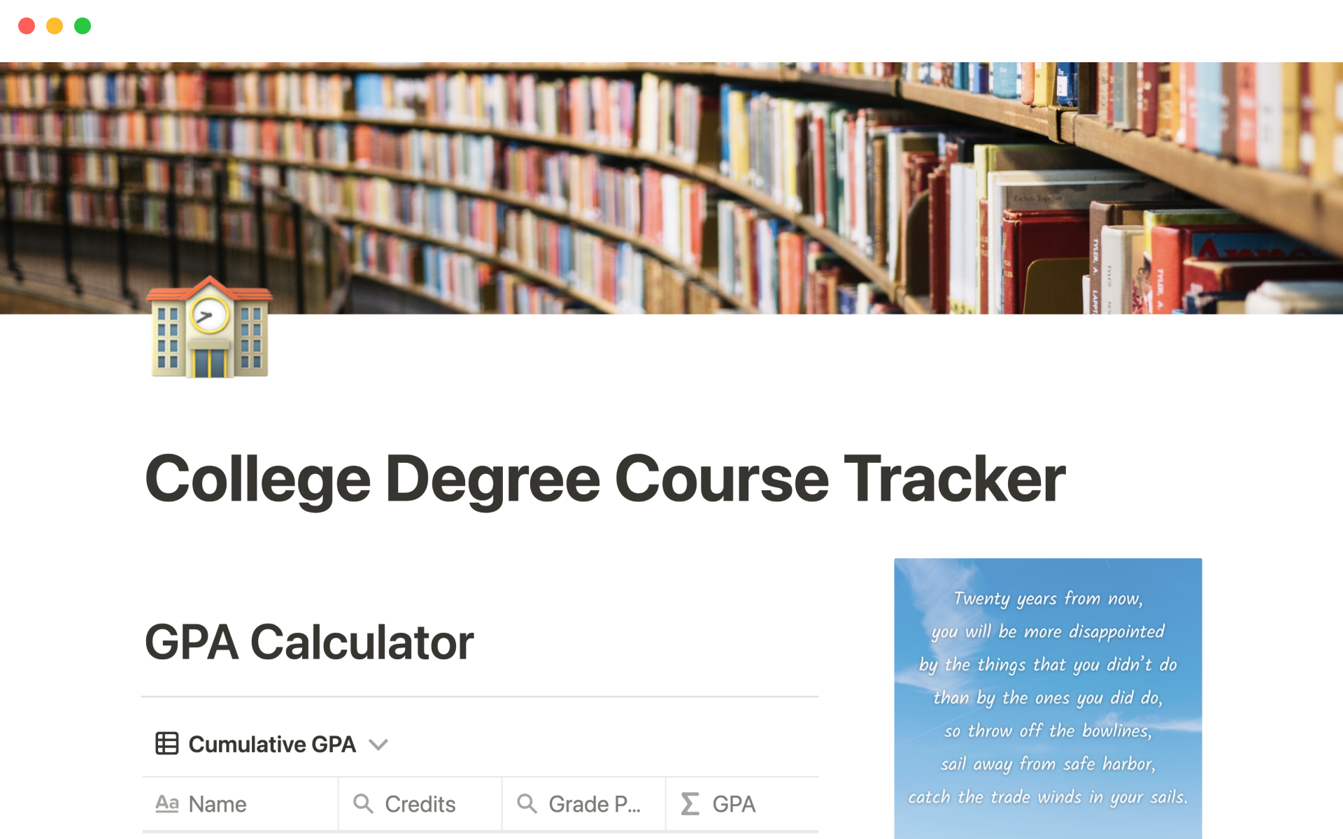 Vista previa de una plantilla para College degree course tracker
