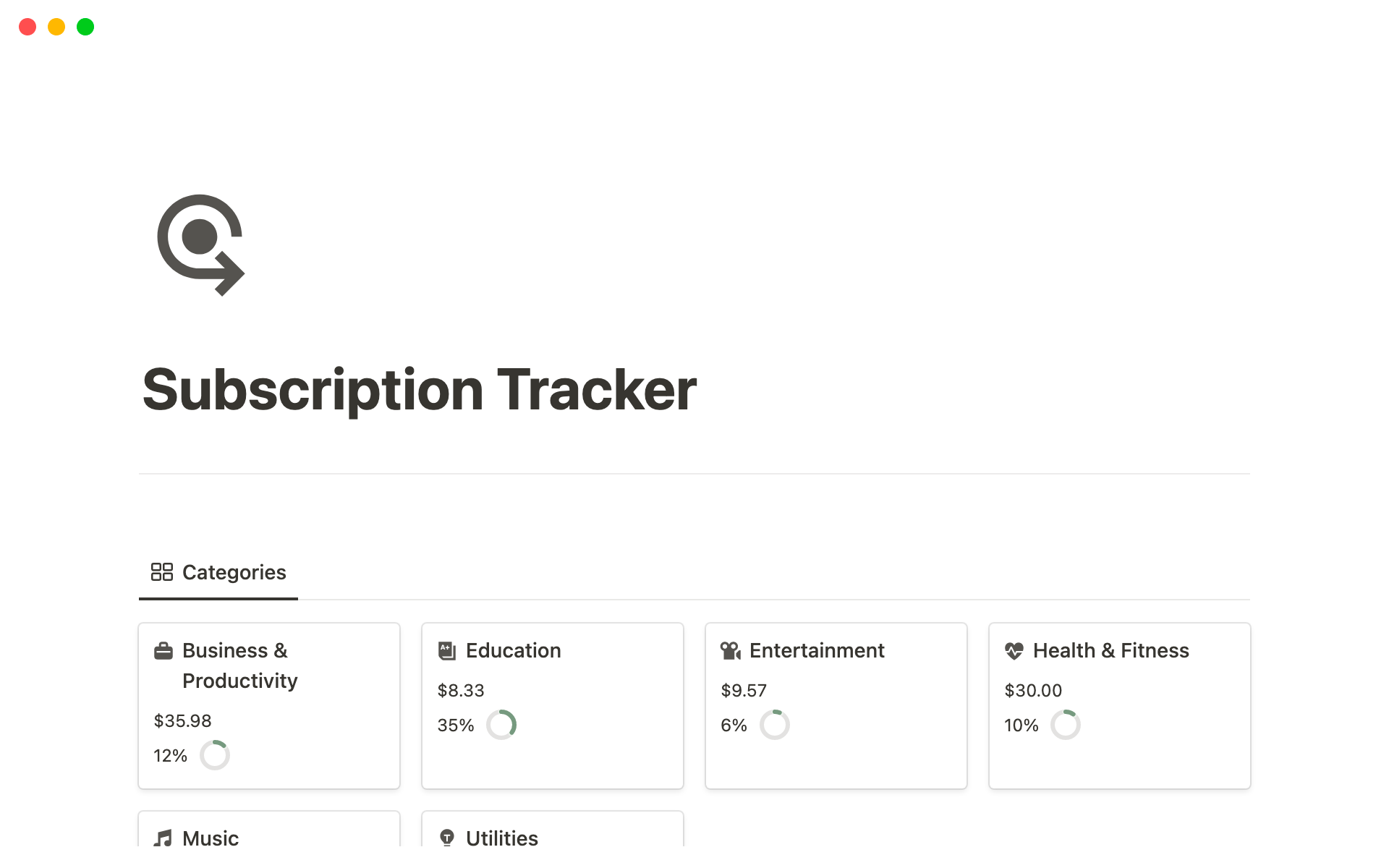 A template preview for Subscription Tracker for Notion