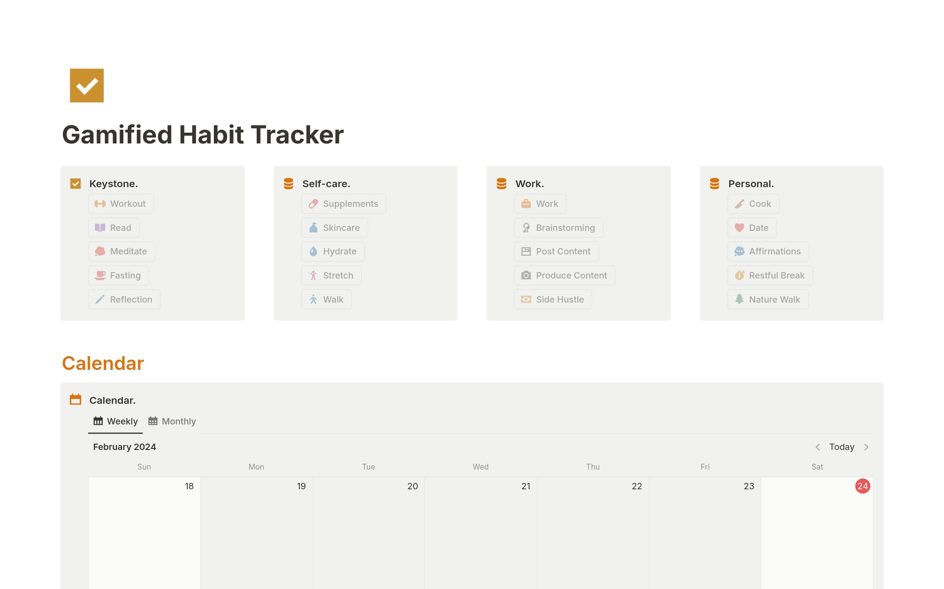 The Gamified Habit Tracker is a refreshing take on Notion Habit Trackers. By straying away from typical checkbox-based, recurring, and low-flexibility templates, the Gamified Habit Tracker gives you the convenience of button-based habit tracking along with an EXP system.