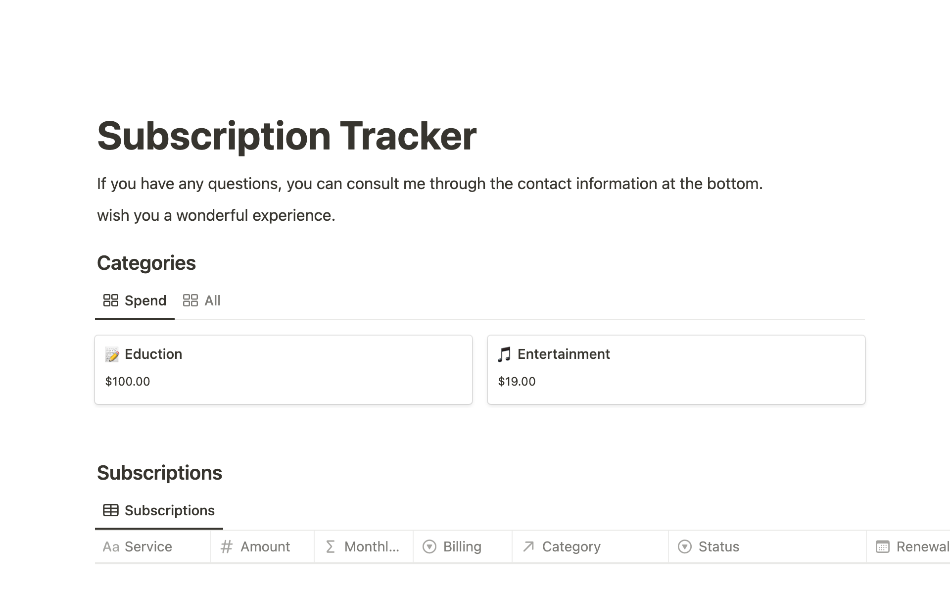 Vista previa de una plantilla para Subscription Tracker
