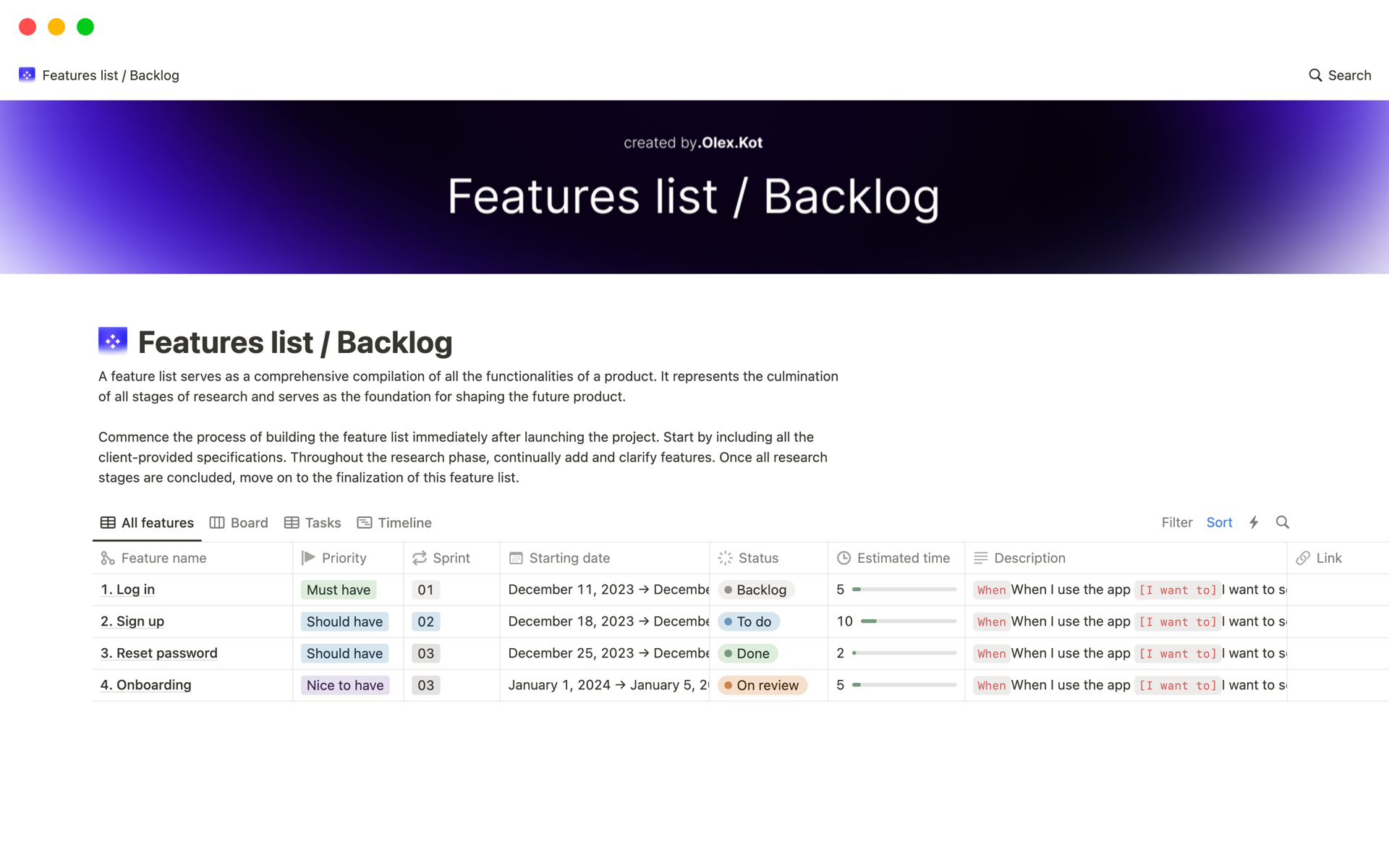 A template preview for Features list / Backlog