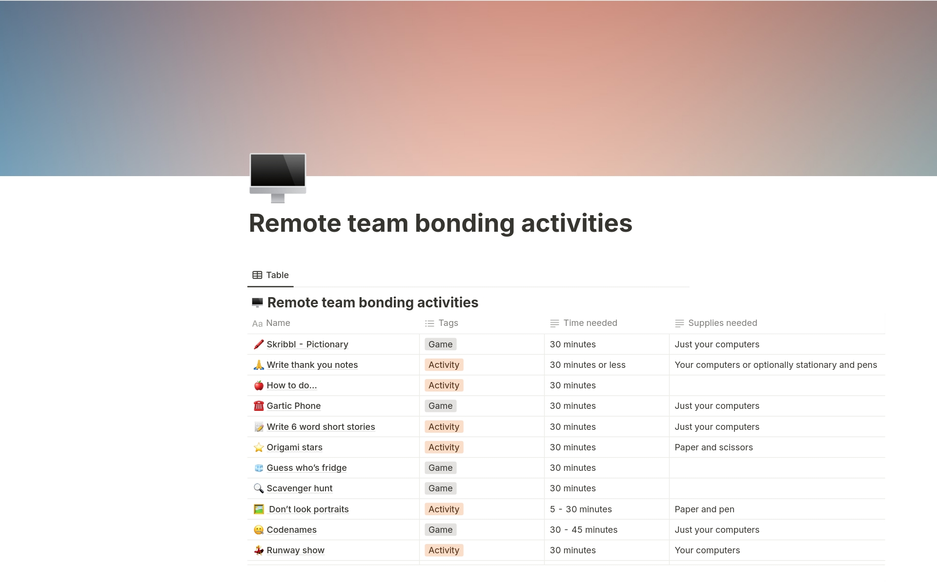A template preview for Remote team bonding activities