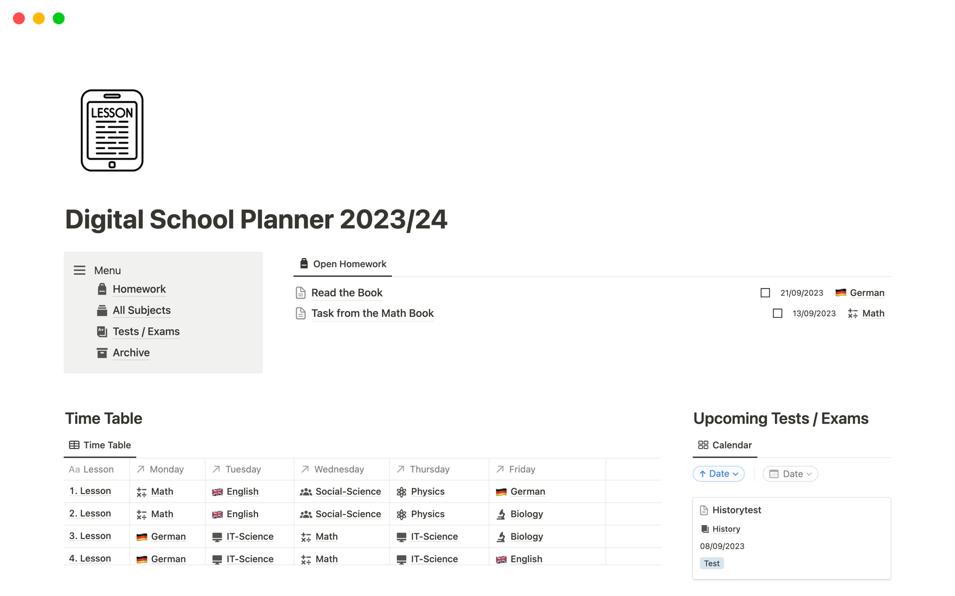 Uma prévia do modelo para Digital School Planner