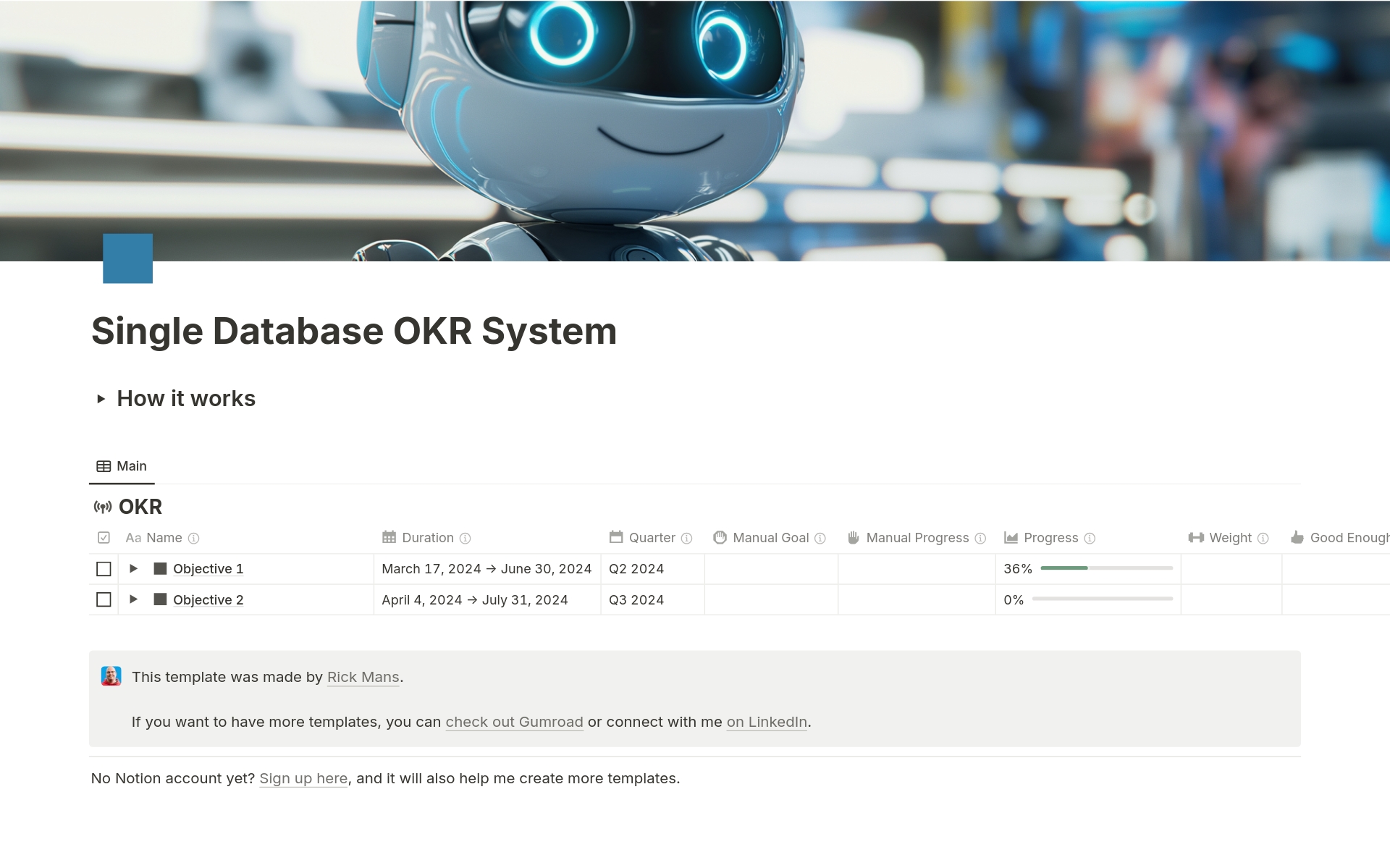 This OKR template is not just another tool; it's a simple approach designed to streamline your planning process, making it both sophisticated and user-friendly. Its simple single-database design and straightforward weighted progress calculation feature set this template apart. 