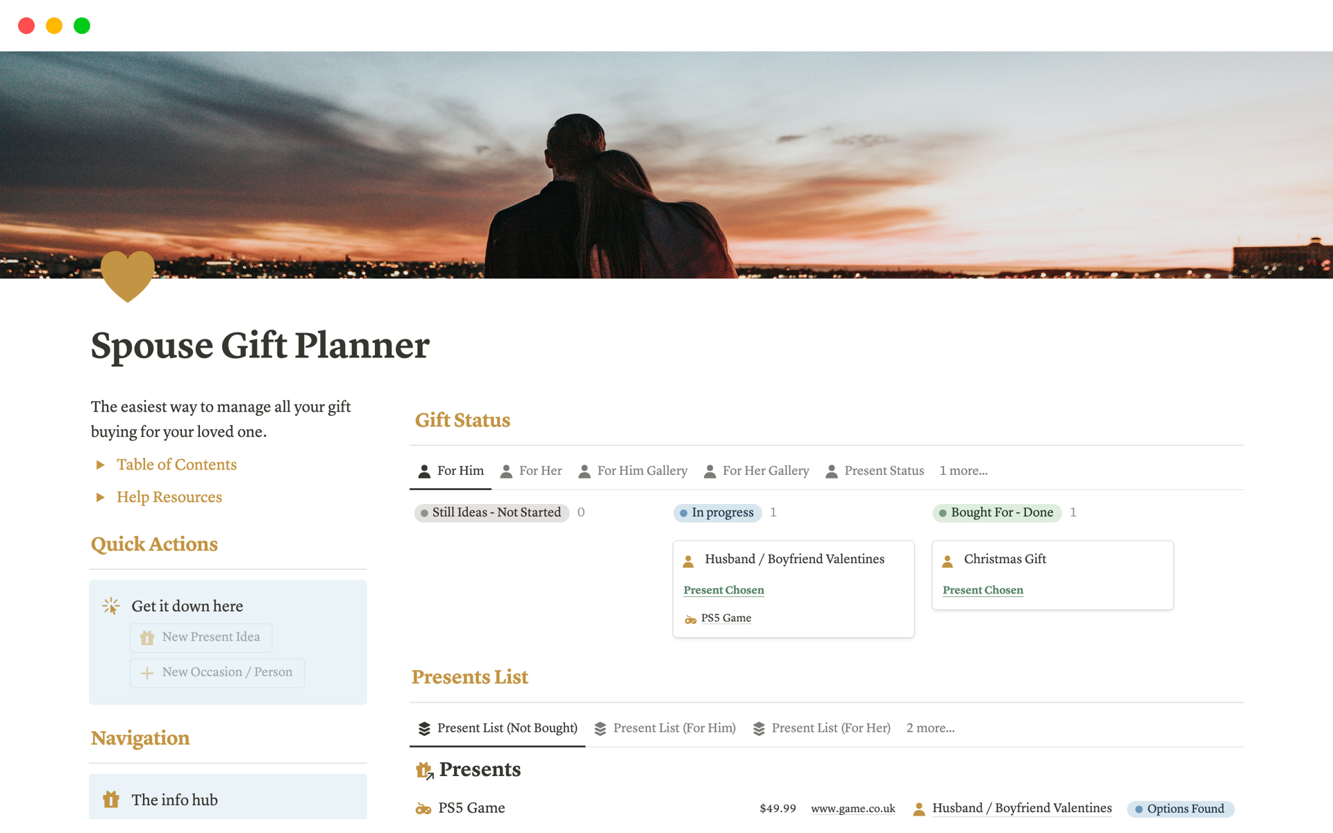 A template preview for Spouse (Husband & Wife) Gift Planner