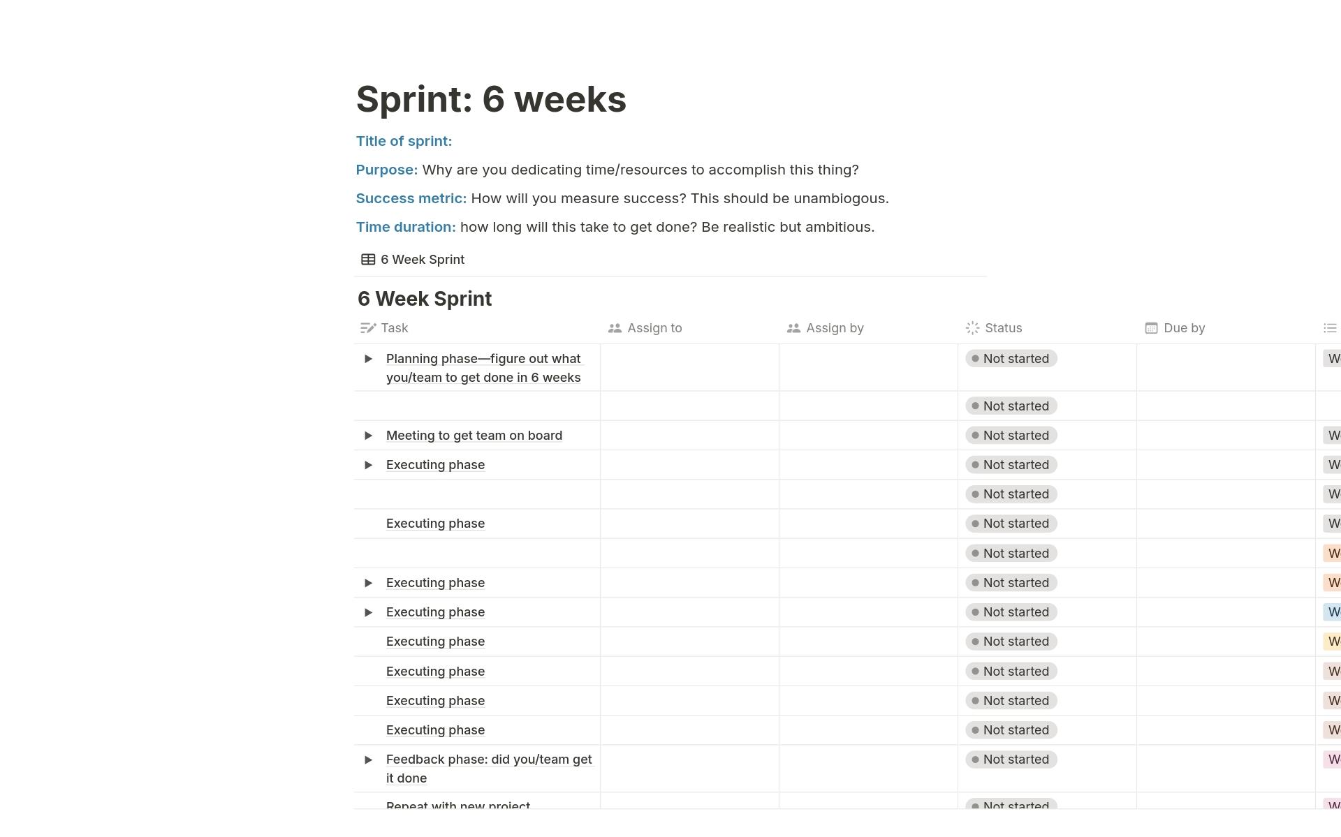 A template preview for 6 Week Sprints