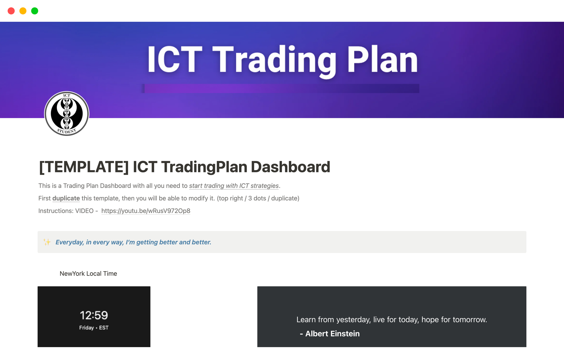 A template preview for ICT TradingPlan Dashboard