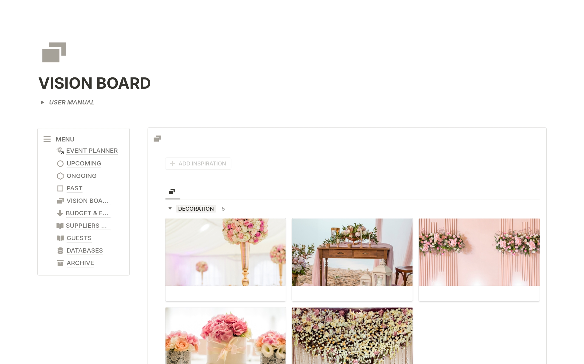 The Event Planner streamlines event organization with sections for upcoming, ongoing, and past events. Features include pages for guest details, venues, budget tracking, and a vision board. It also offers specific pages for each event, covering sites, schedules, invitations,