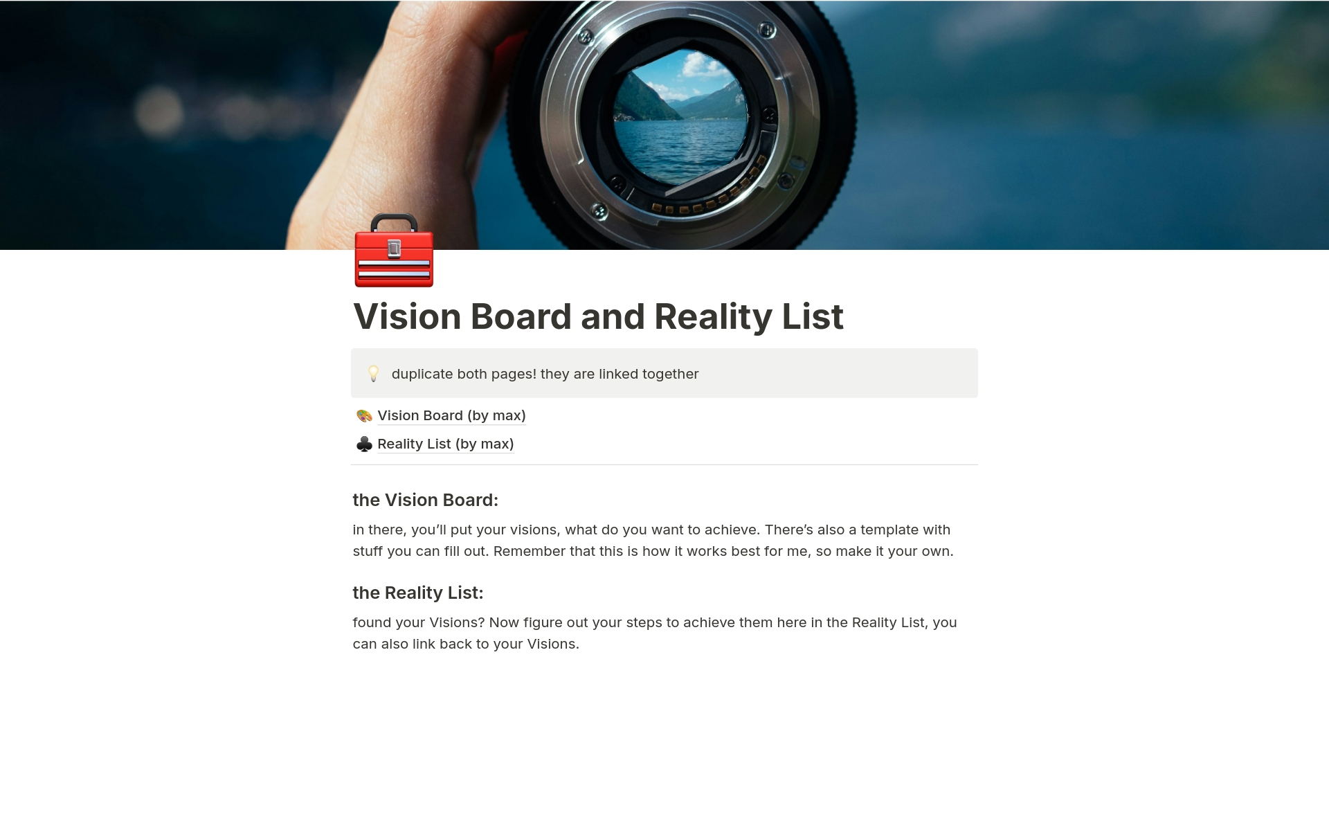 Eine Vorlagenvorschau für Vision Board with Reality List (by max)