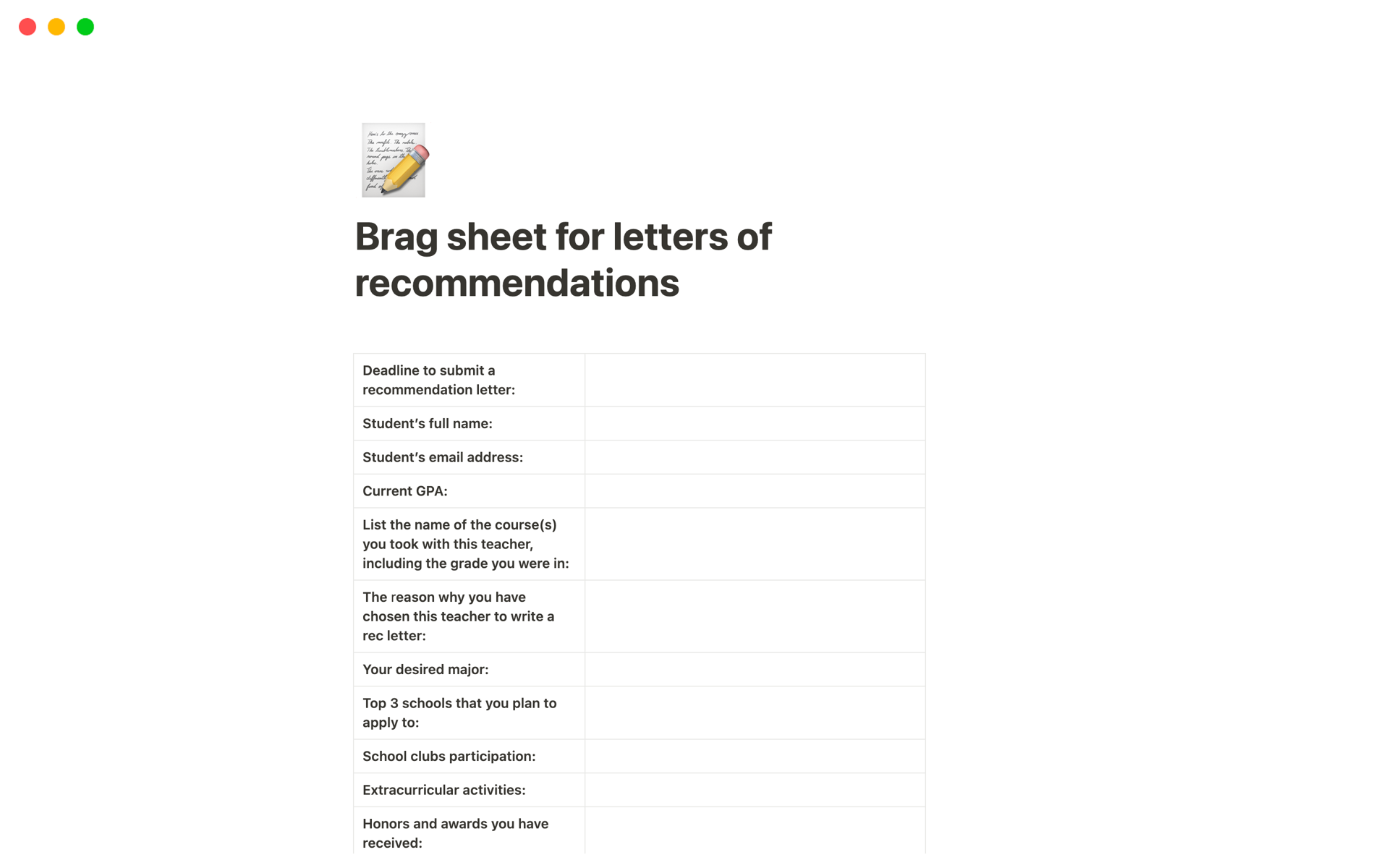 A template preview for Brag sheet for letters of recommendations