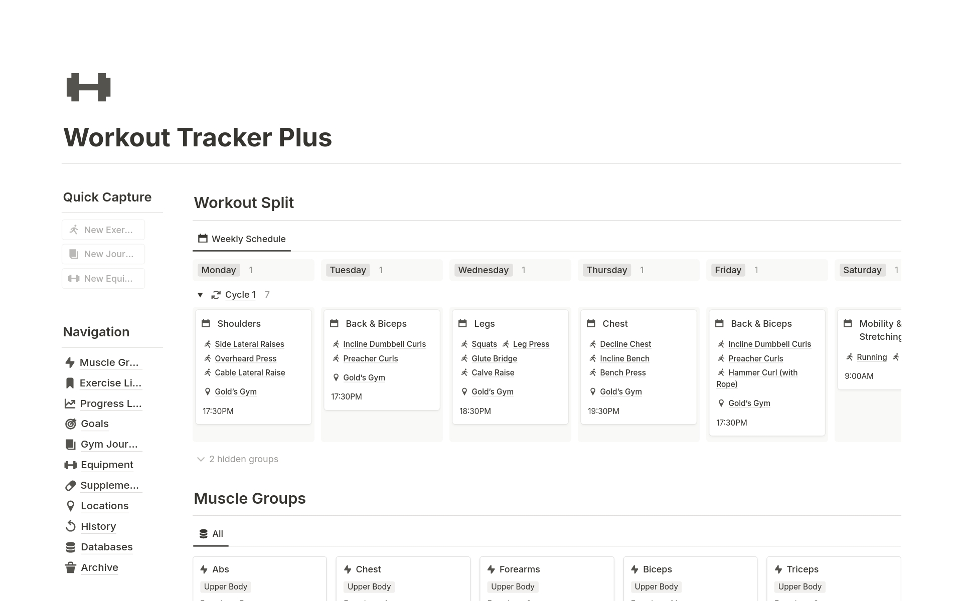 Vista previa de una plantilla para Workout Tracker Plus