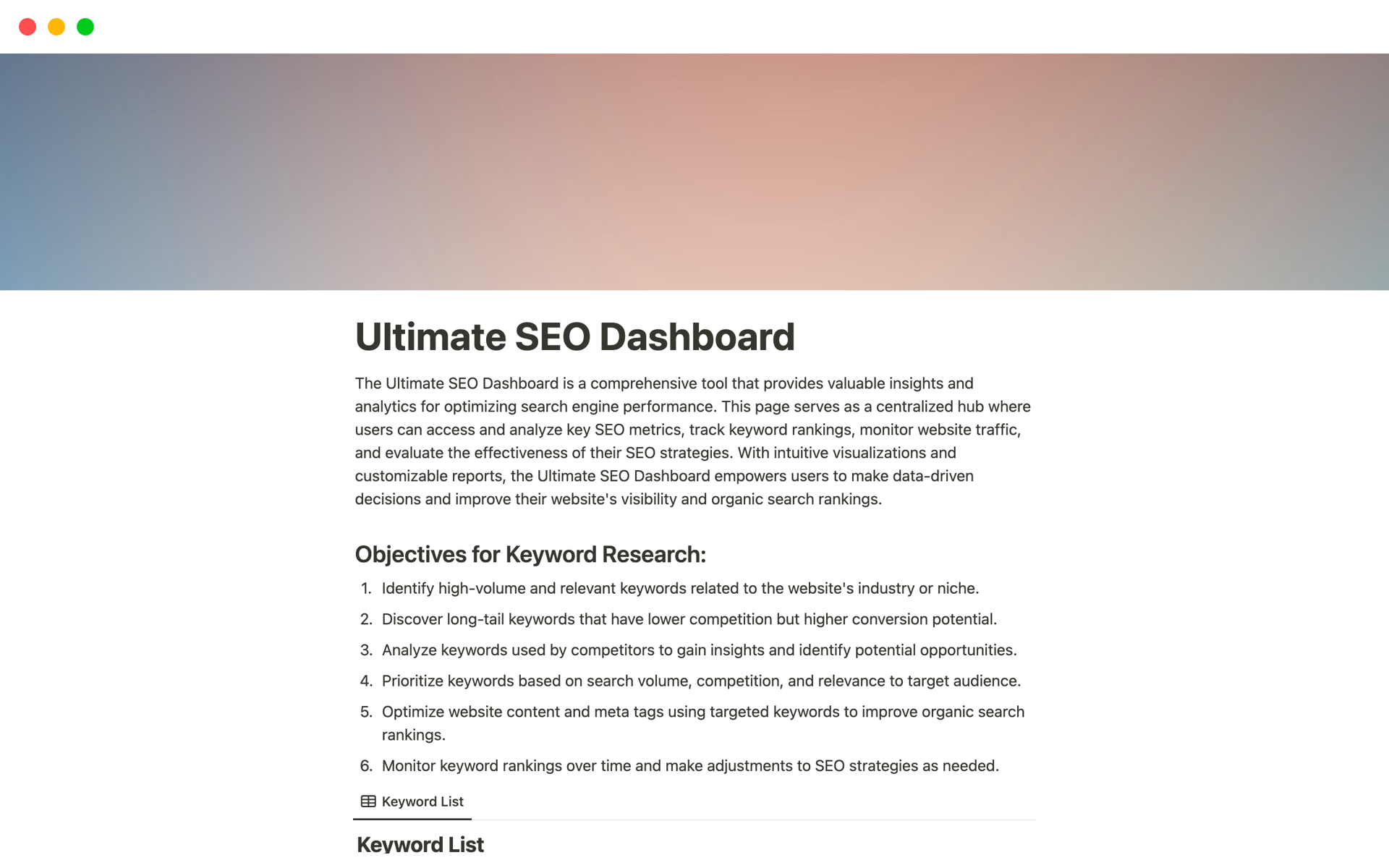 A template preview for Ultimate SEO Dashboard