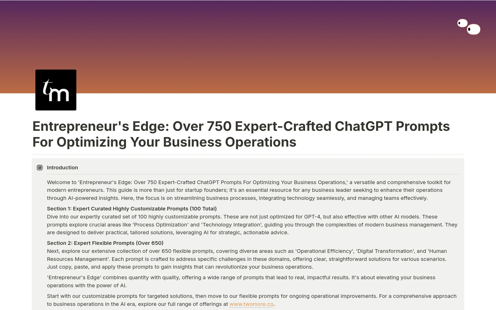 Vista previa de una plantilla para Over 750 ChatGPT Prompts For Business Operations