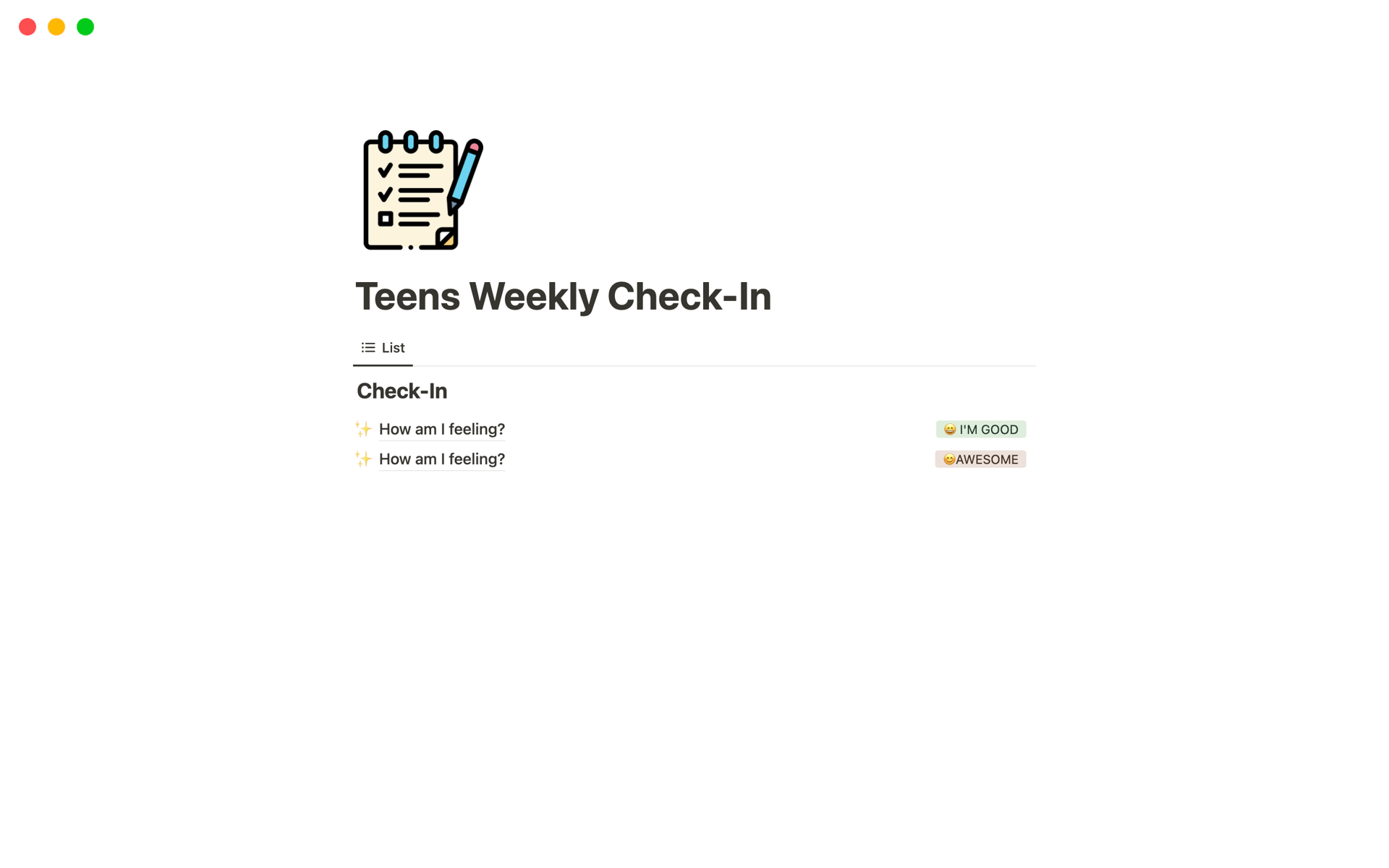 A template preview for Teens Weekly Check-In