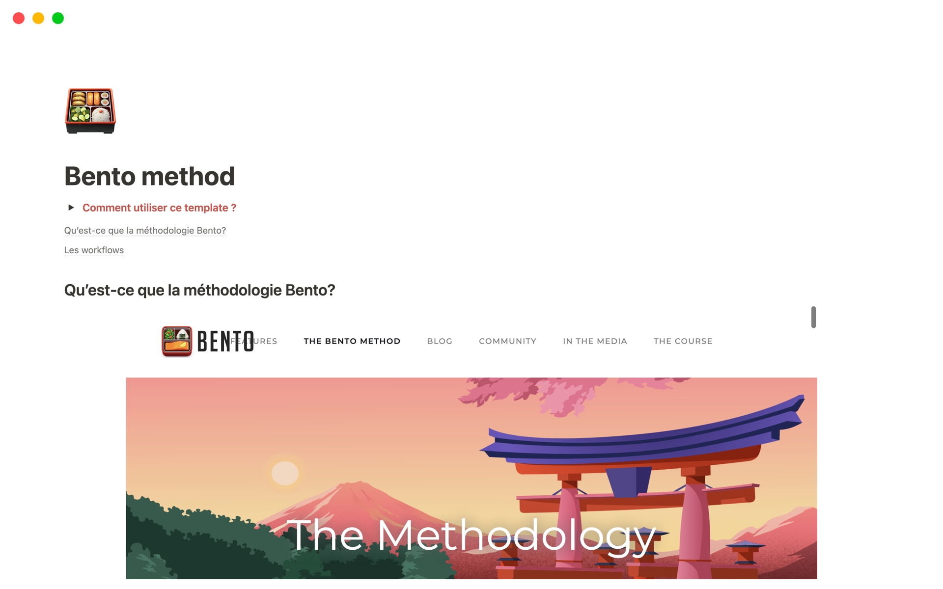 En förhandsgranskning av mallen för Bento method